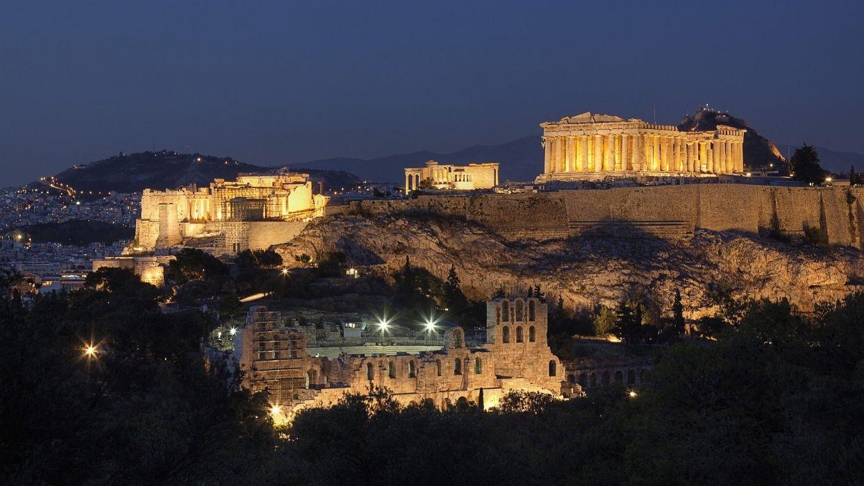 1250x700 Mountains cityscapes night Greece historic Athens Acropolis, Desktop