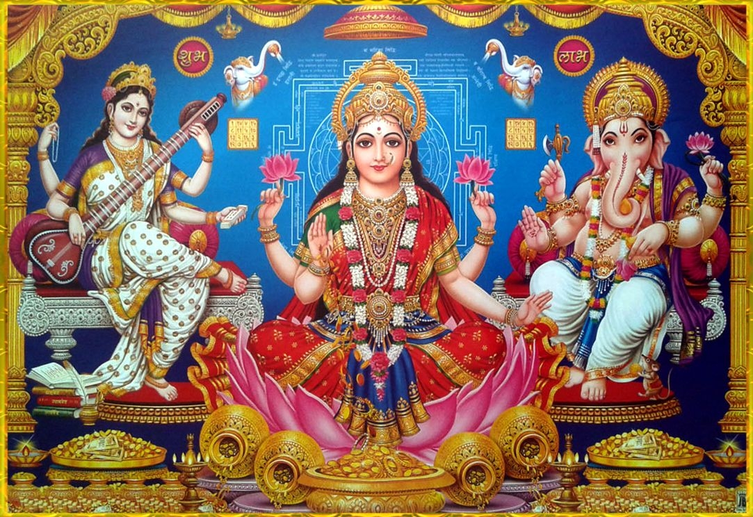 1090x750 Lakshmi, Saraswati and Ganesha Image Collection 1, Desktop