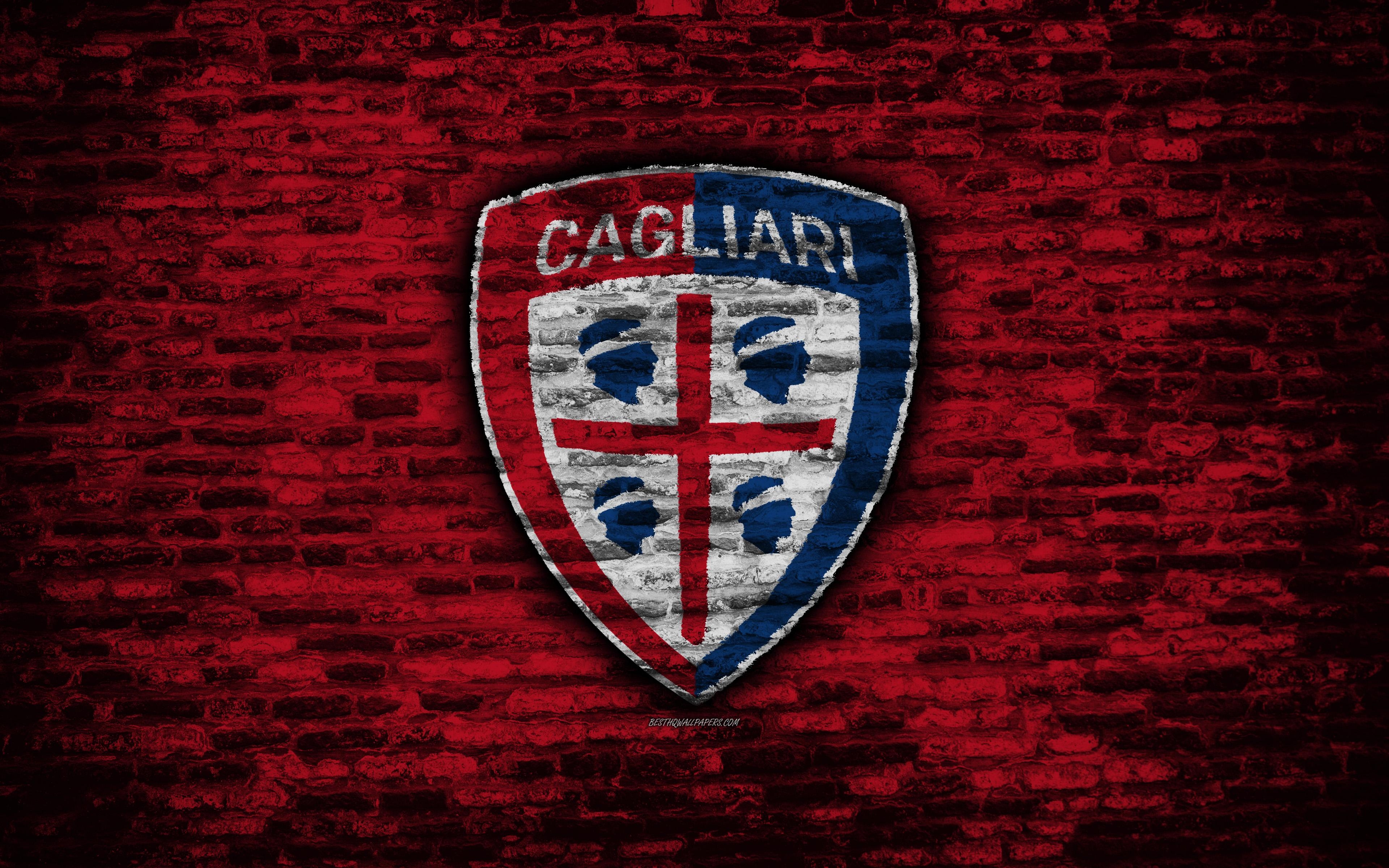 3840x2400 Download wallpaper Cagliari FC, 4k, logo, brick wall, Serie A, Desktop