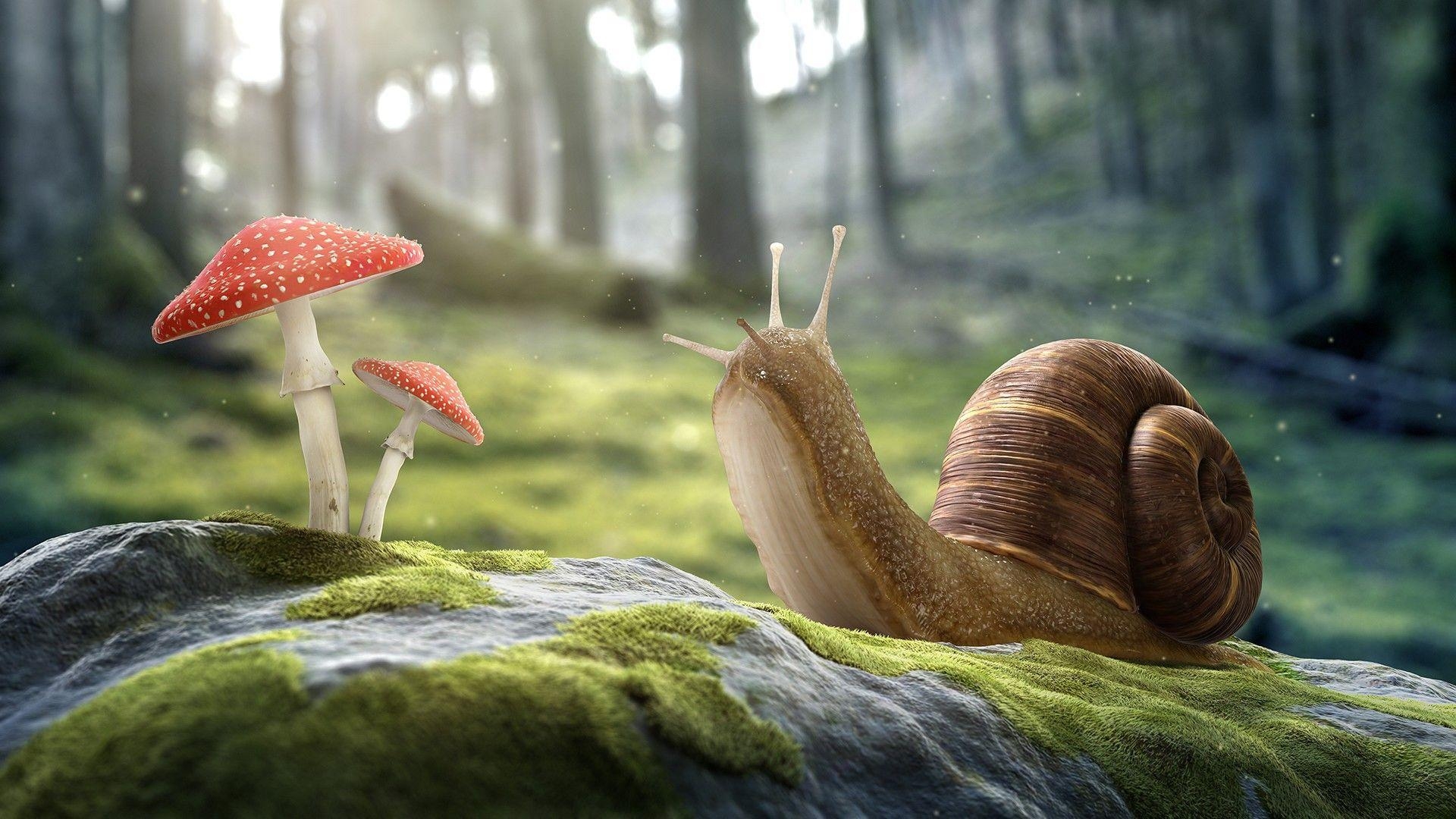 1920x1080 Snail on a stone and fly agaric wallpaper and image, Desktop