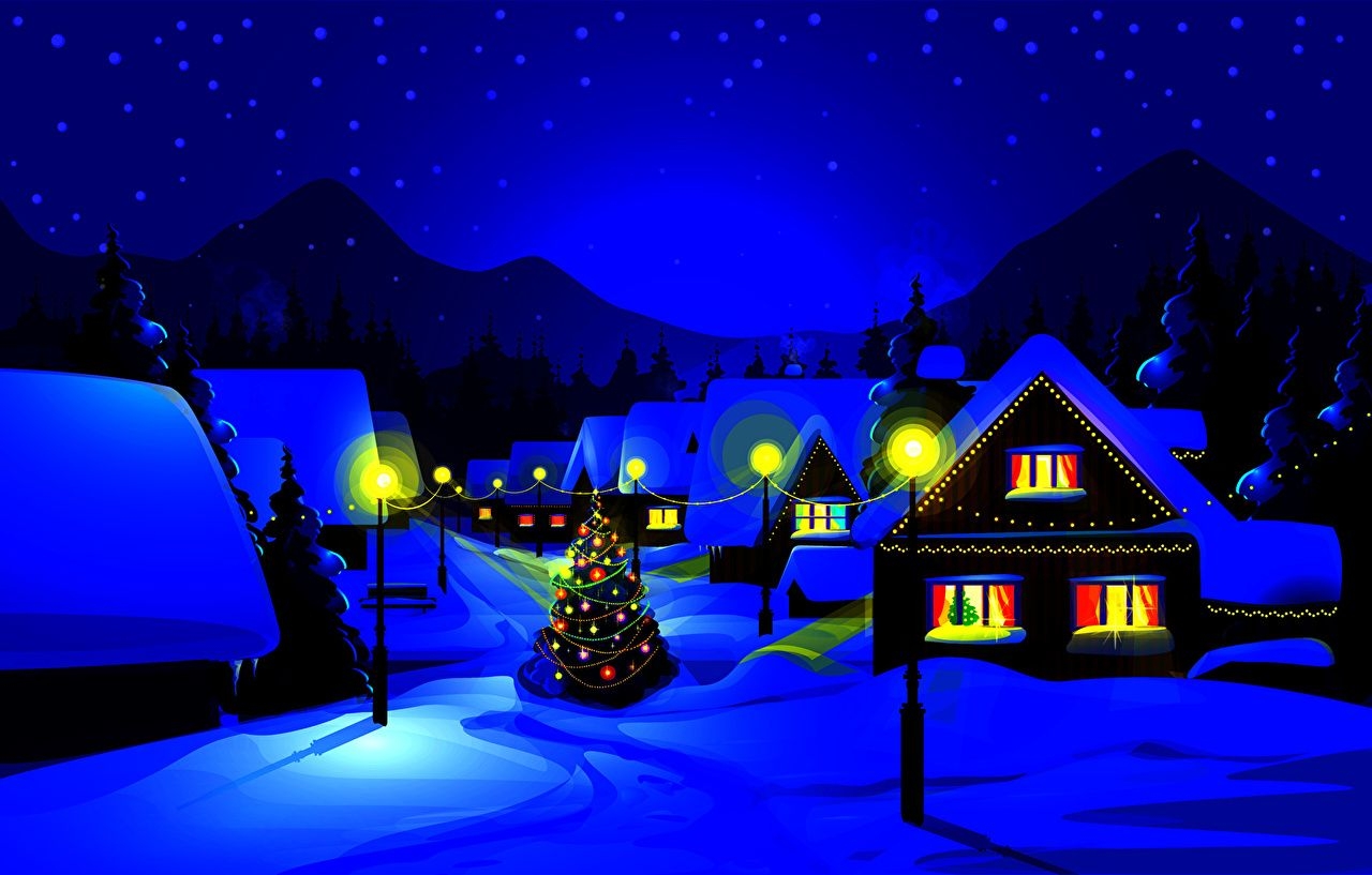 1280x820 Wallpaper Christmas Winter 3D Graphics Snow Night Street lights, Desktop