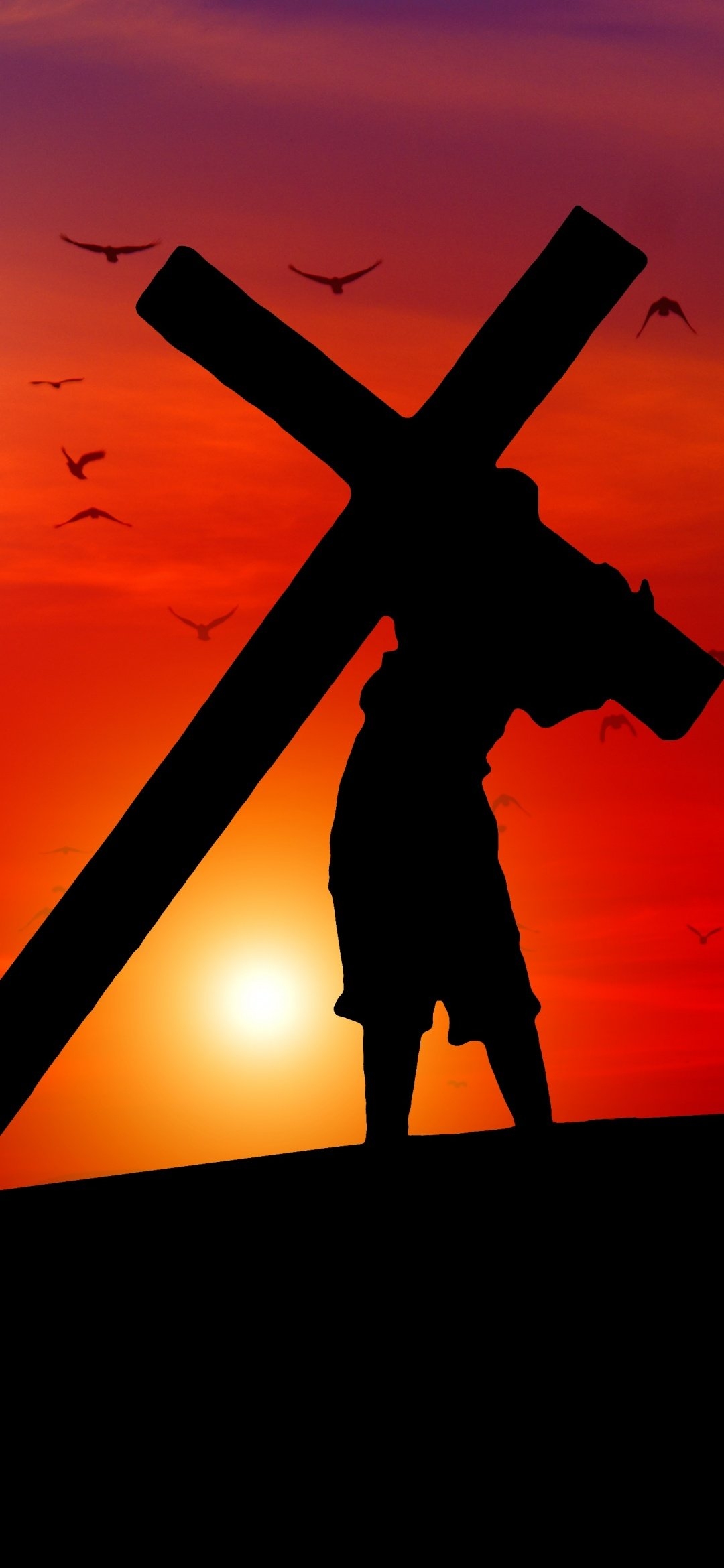 1080x2340 Jesus Cross Wallpaper 4K, Sunset, Orange sky, Silhouette, Phone