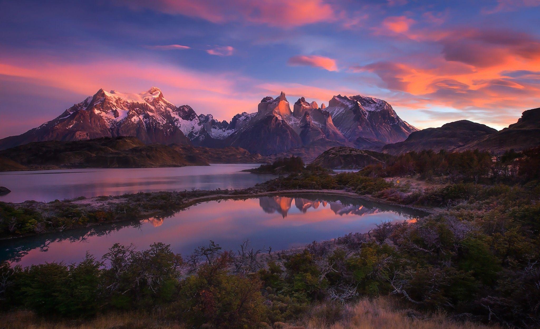 2050x1260 Sunset in the mountains, nature reserve Torres del Paine National, Desktop