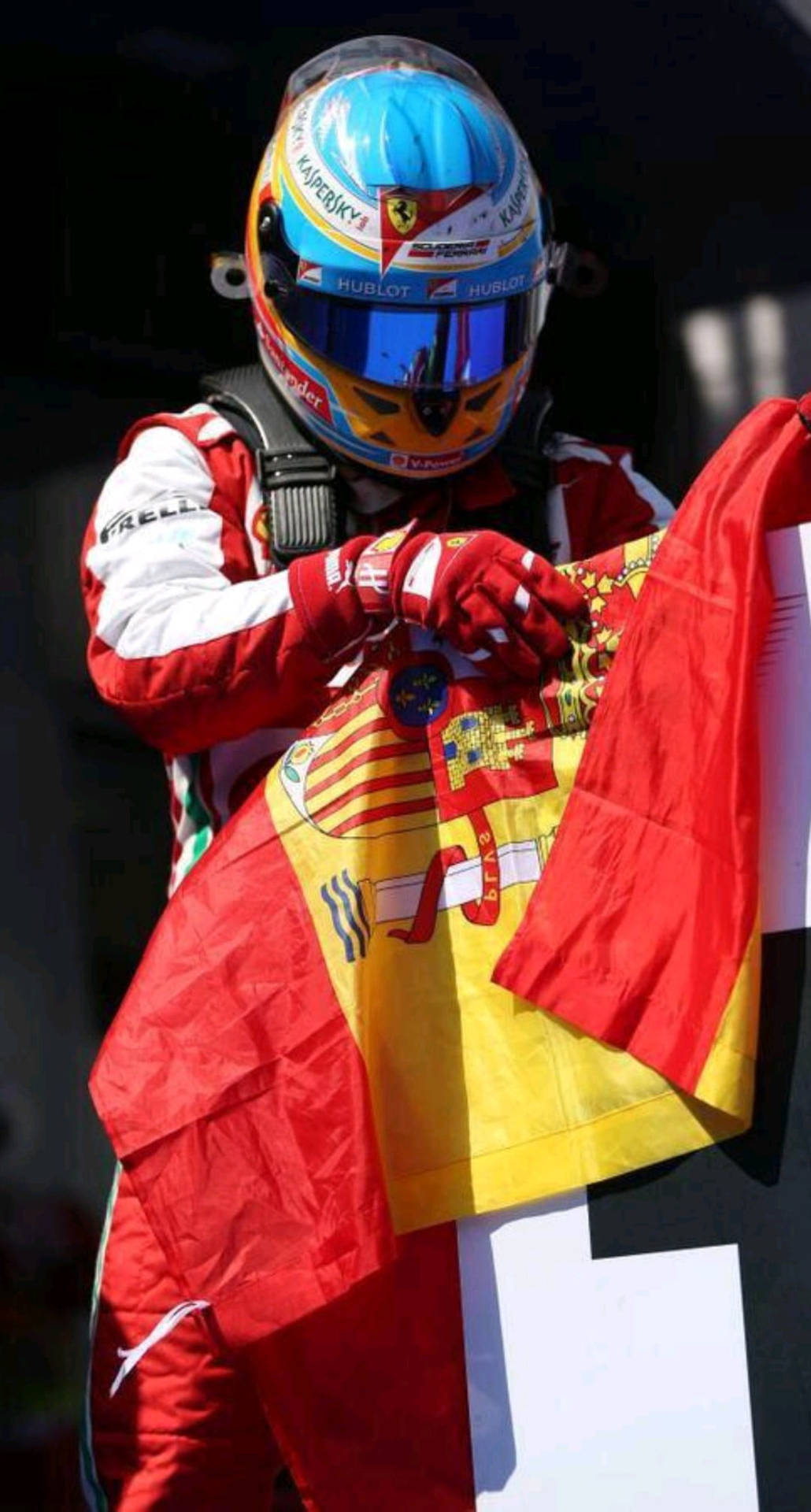 1030x1920 Download Fernando Alonso With Spanish Flag Wallpaper, Phone