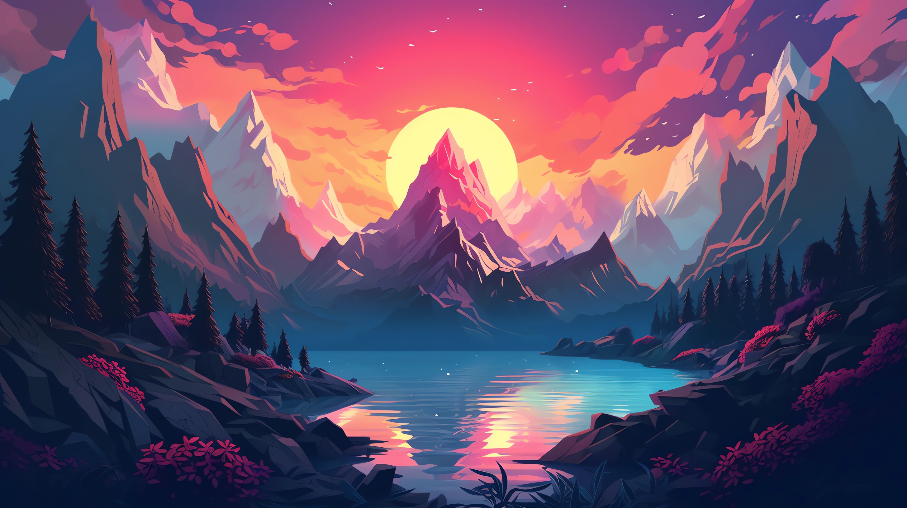 2920x1640 WALLPAPER 4K. VIBRANT MOUNTAIN AND FOREST SUNSET, Desktop