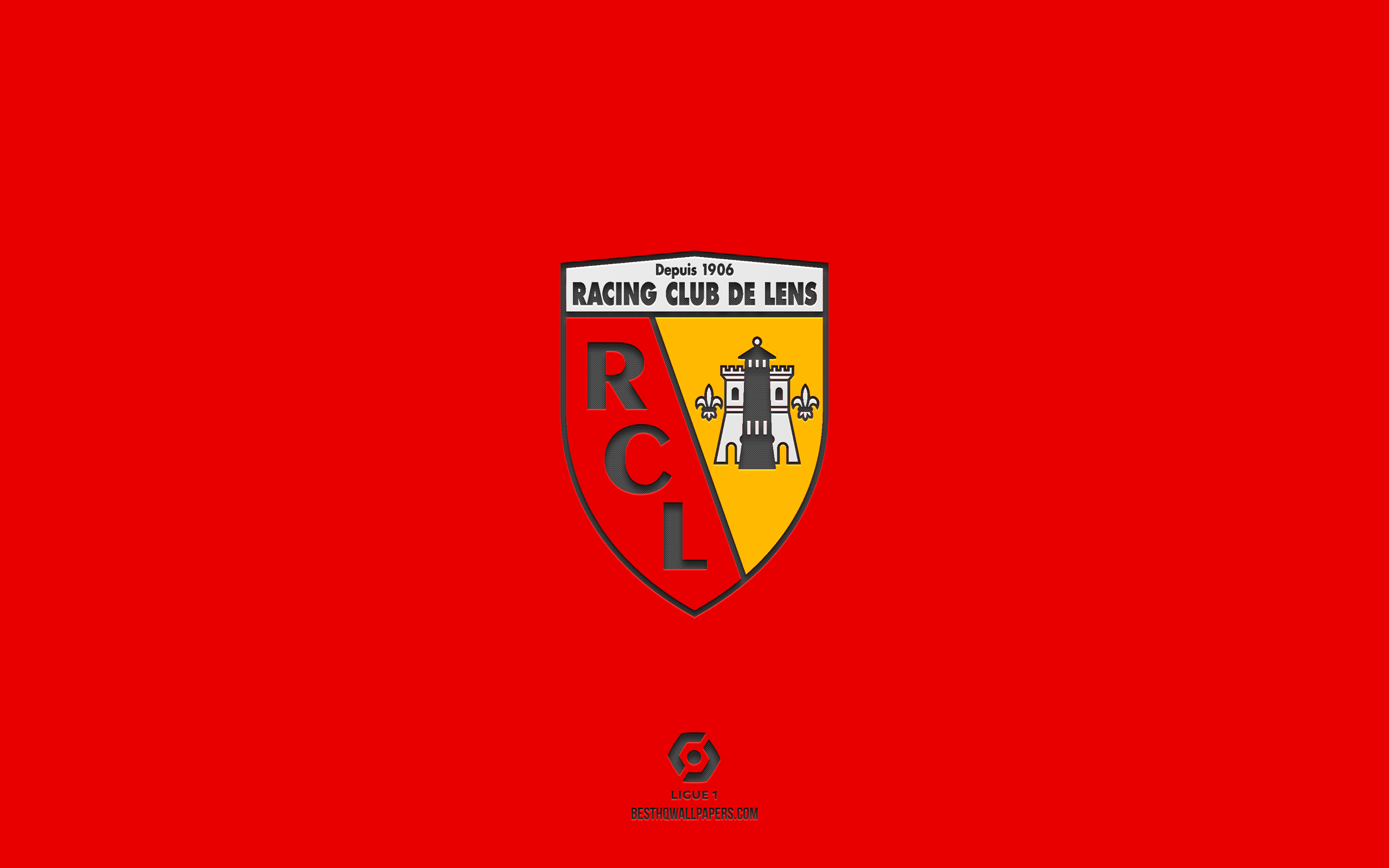 2560x1600 Download wallpaper RC Lens, red background, French football team, RC Lens emblem, Ligue Lens, France, football, RC Lens logo for desktop with resolution. High Quality HD picture wallpaper, Desktop