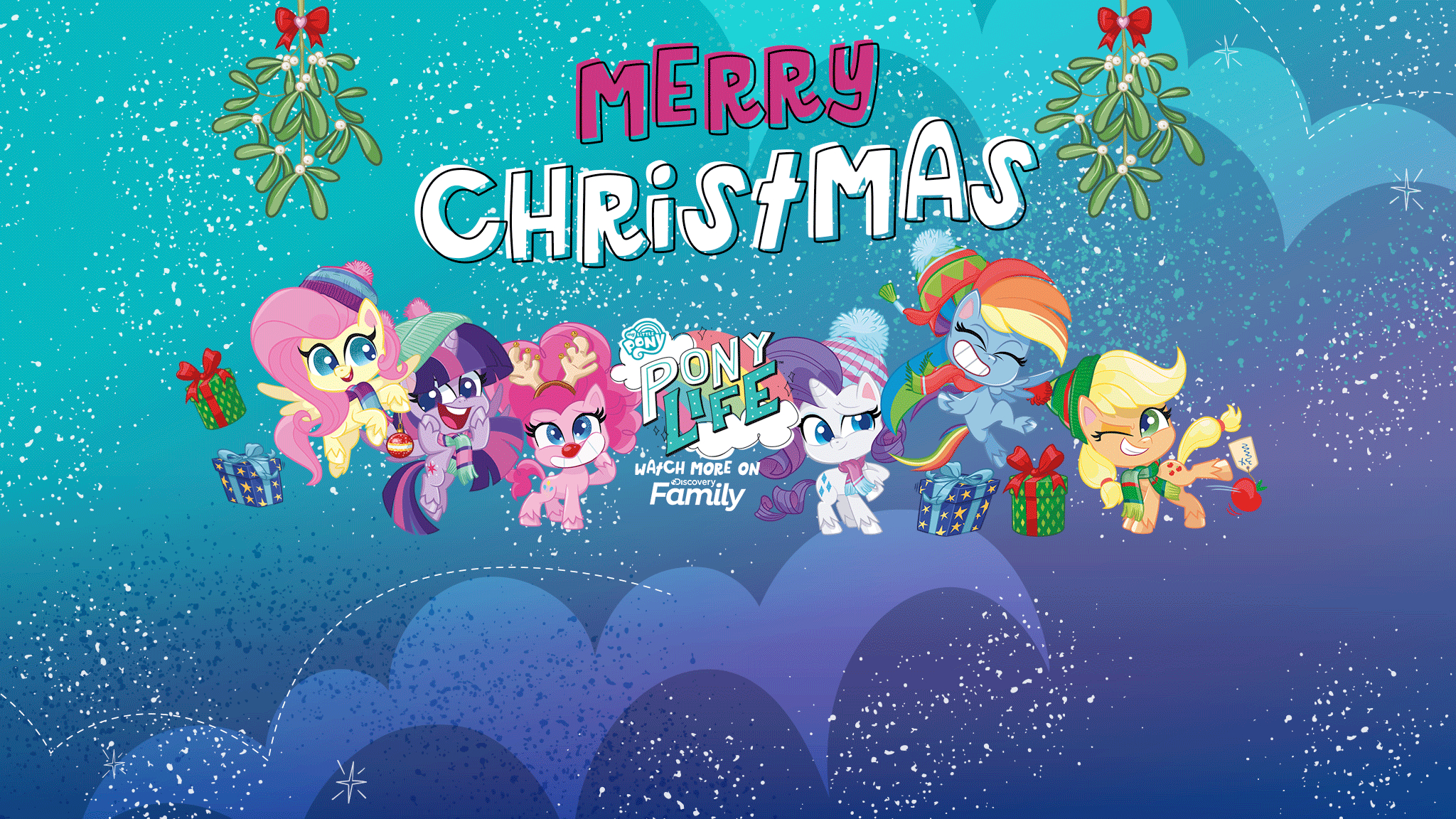 2050x1160 safe, screencap, applejack, fluttershy, pinkie pie, rainbow dash, rarity, twilight sparkle, alicorn, earth pony, pegasus, pony, unicorn, g4. my little pony: pony life, official, christmas, christmas presents, clothes, discovery family, Desktop