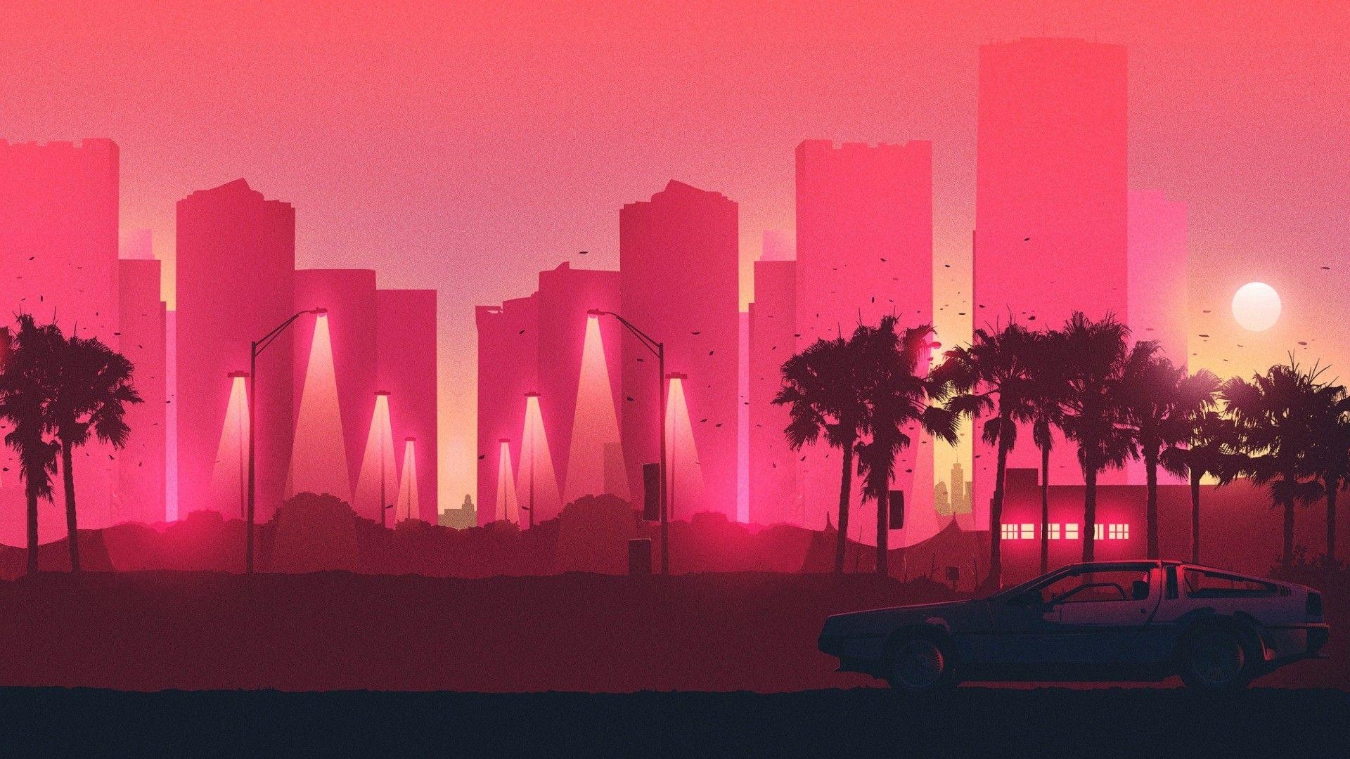 1920x1080 synthwave, #DMC DeLorean, #DeLorean, #palm trees, #Back to, Desktop