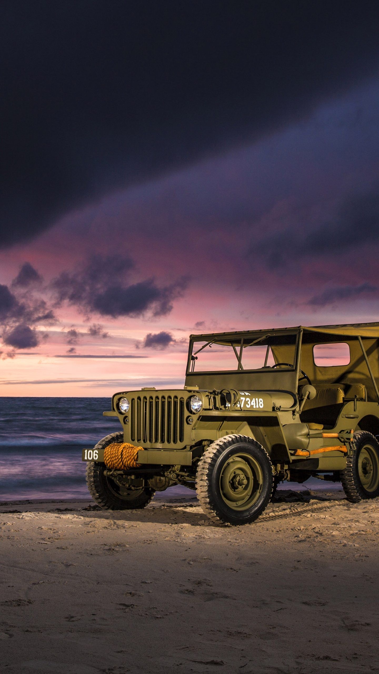 1440x2560 Car Jeep Ocean Water Sunset Green 4K Wallpaper, Phone