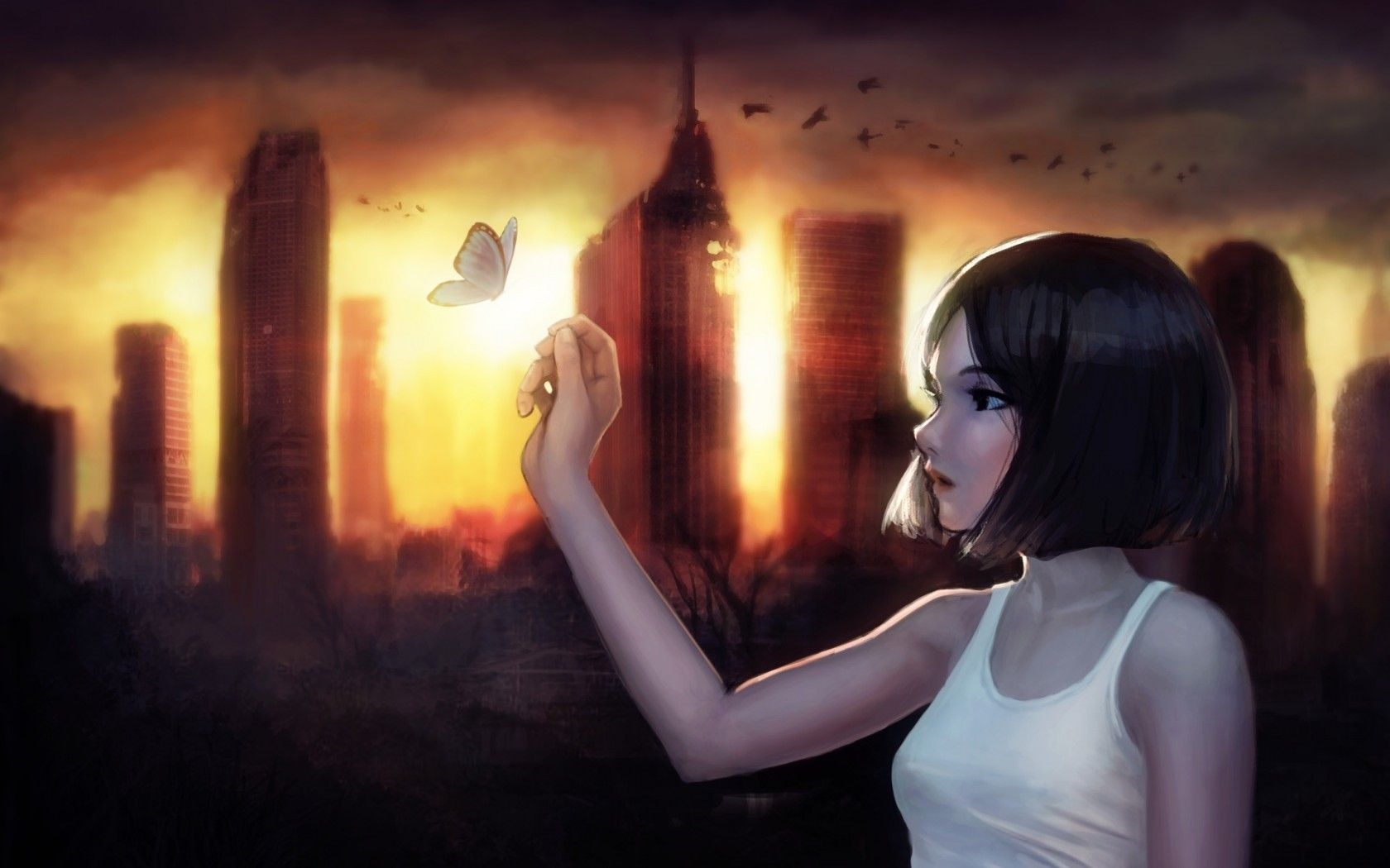 1680x1050 Download  Anime Girl, Profile View, Black Hair, Cityscape, Desktop