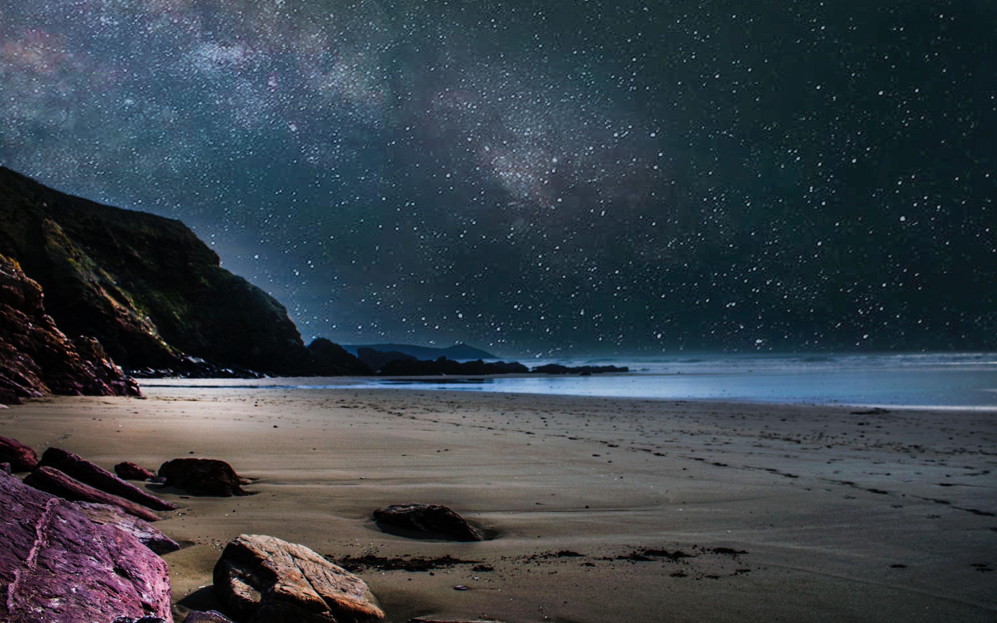 3840x2400 Download  wallpaper beach, starry night, sky, nature, 4k, Desktop