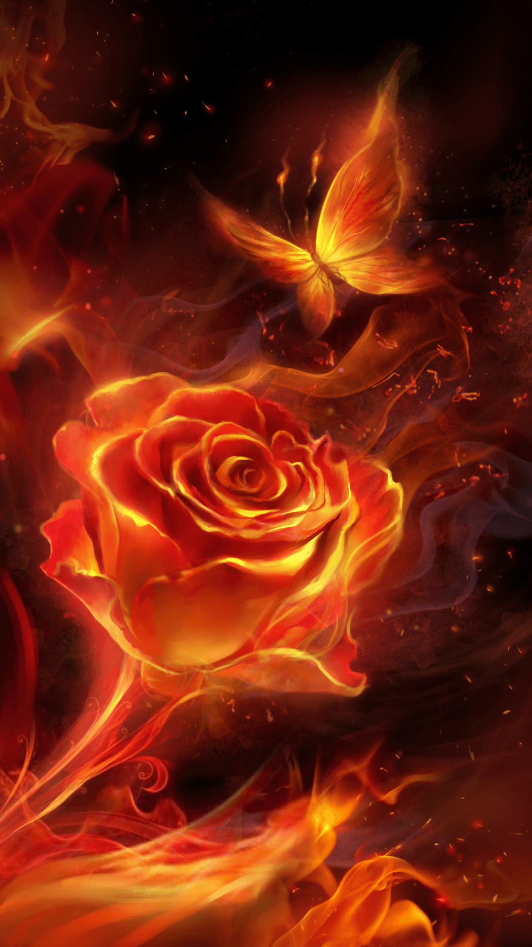 1080x1920 Fiery rose and butterfly! flame live wallpaper. Flame art, Fire art, Rose wallpaper, Phone