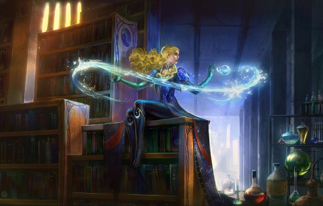 1340x850 Wallpaper ice, girl, magic, figure, books, fantasy, art, blonde, girl, ice, library, fantasy, magic, art, shelves, blonde image for desktop, section фантастика, Desktop