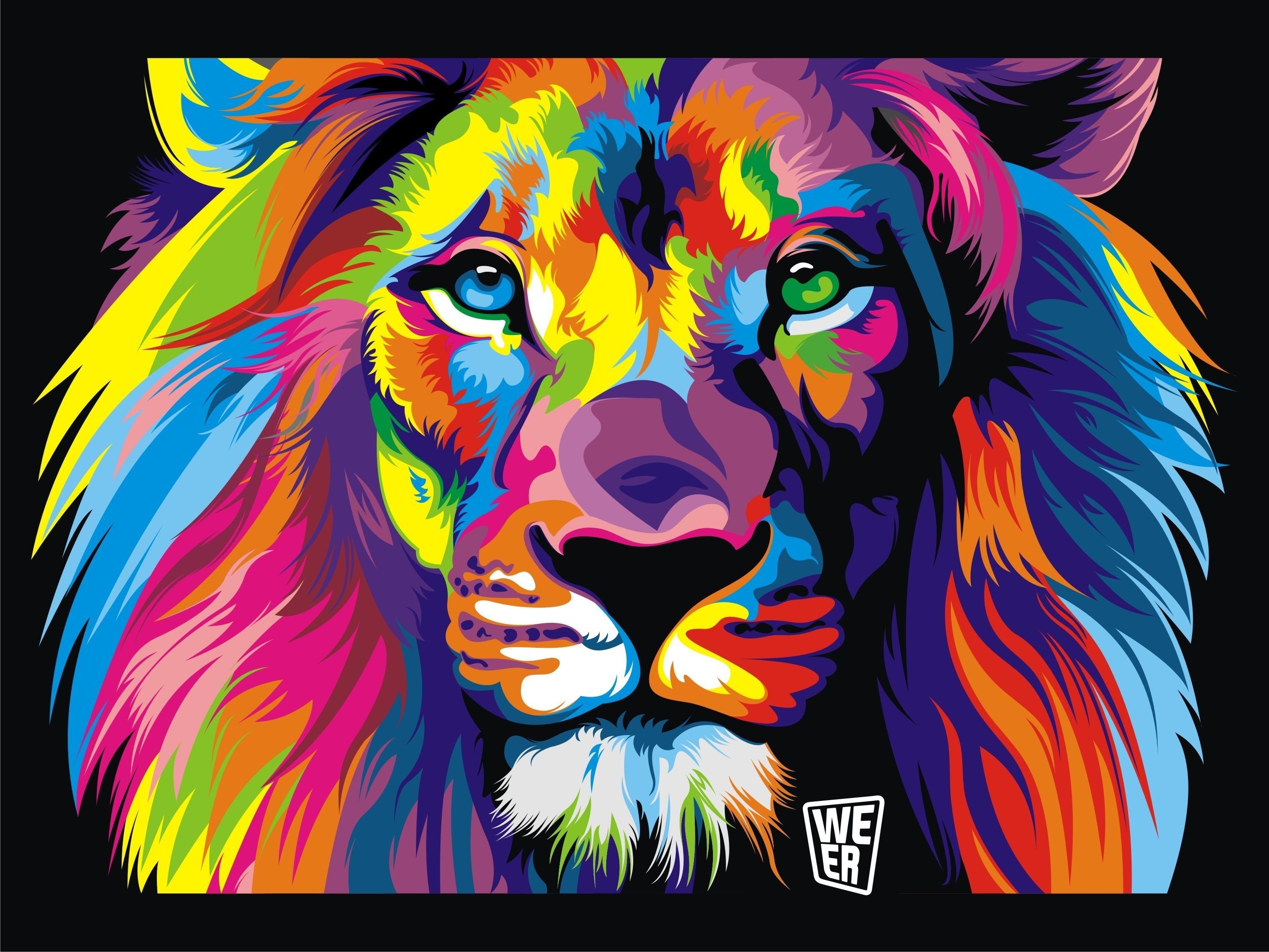 3010x2260 Wallpaper, colorful, illustration, digital art, animals, black background, artwork, tiger, lion, big cats, roar, ART, modern art, cat like mammal, psychedelic art, Desktop