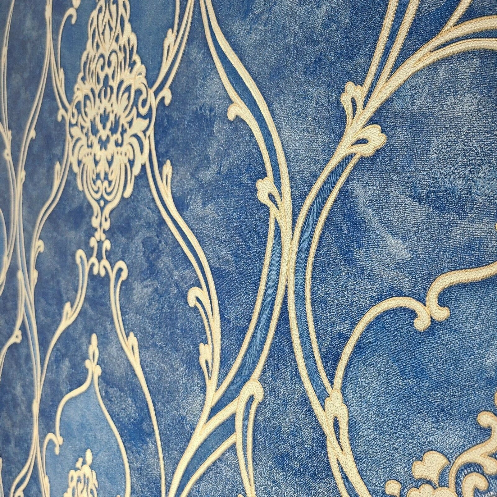 1600x1600 Wallpaper Royal blue beige gold textured Victorian vintage damask faux fabric 3D, Phone