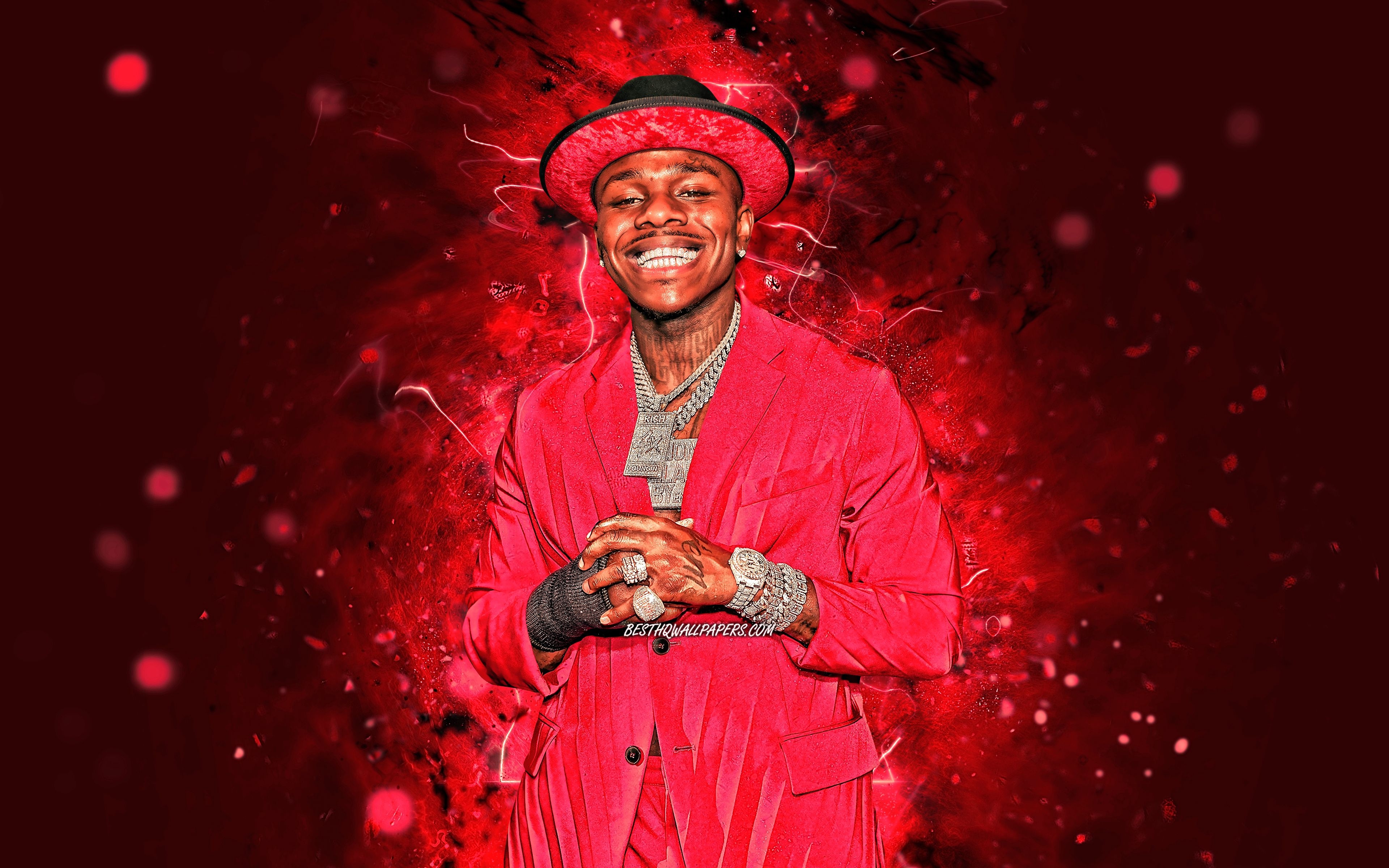 3840x2400 Download wallpaper 4k, DaBaby, american rapper, red costume, music stars, creative, Jonathan Lyndale Kirk, red neon lights, american celebrity, DaBaby 4K for desktop with resolution. High Quality HD picture wallpaper, Desktop