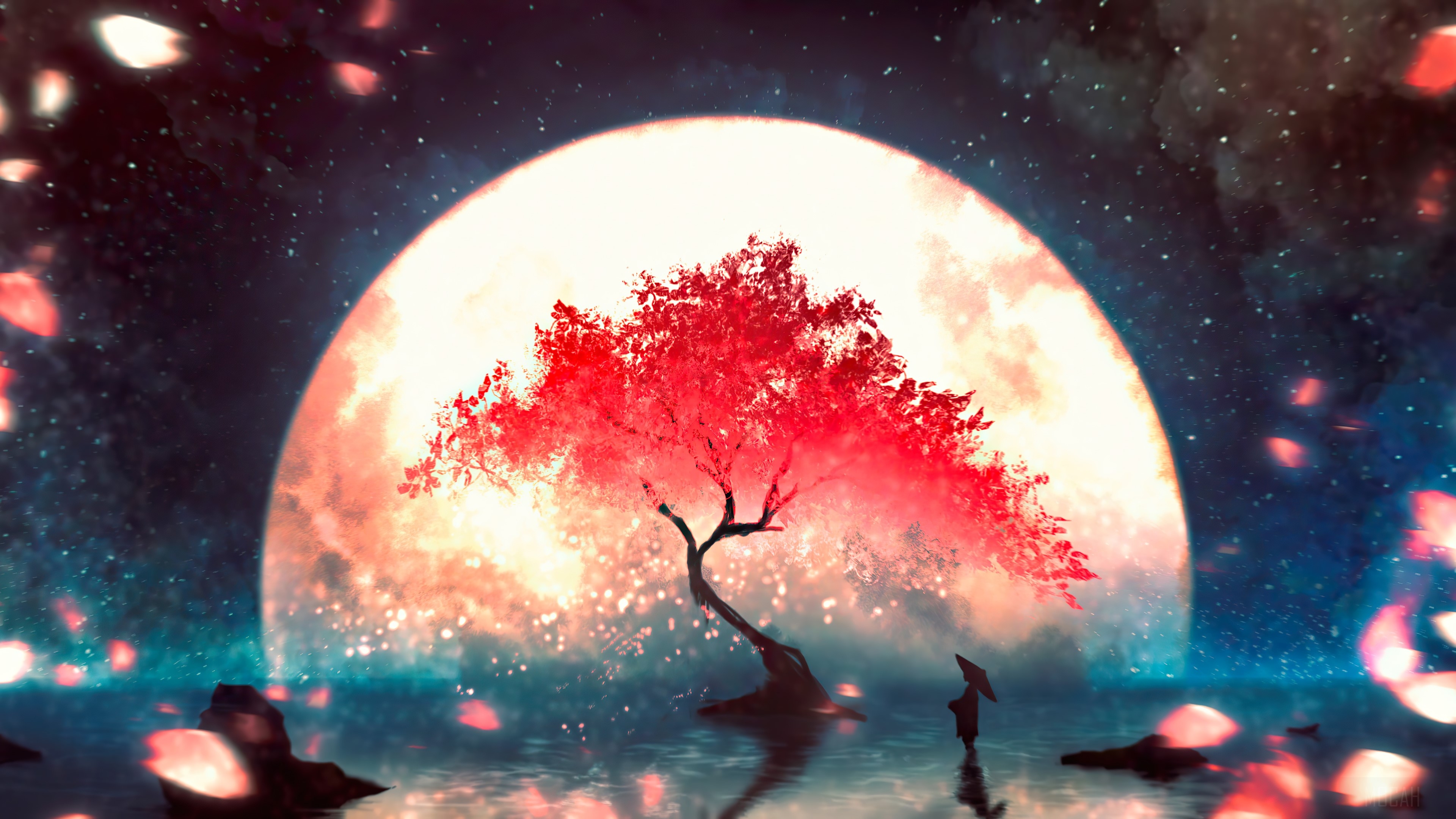 3840x2160 Anime, Night, Scenery, Moon, Cherry Blossom 4k Gallery HD Wallpaper, Desktop