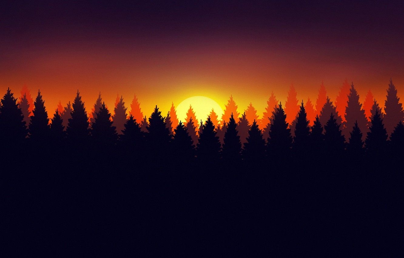 1340x850 Wallpaper Sunset, The sun, Minimalism, Forest, Star, Style, Silhouette, Background, Star, Art, Art, Sun, Style, Sunset, Background, Minimalism image for desktop, section минимализм, Desktop