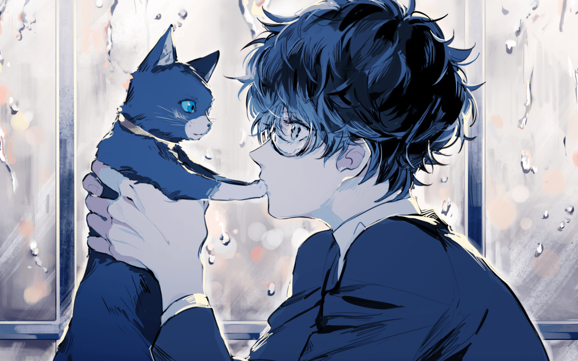 1920x1200 Persona Kurusu Akira, Anime Boy, Cat, Glasses, Profile, Desktop