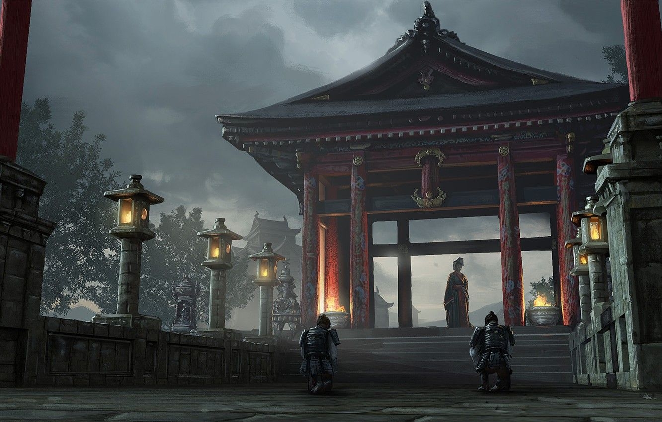 1340x850 Wallpaper fire, posts, armor, gate, Japan, lights, ladder, twilight, Japanese clothing, art, estate, on my knees, samurai, the gray sky, feudal, Mr. image for desktop, section арт, Desktop