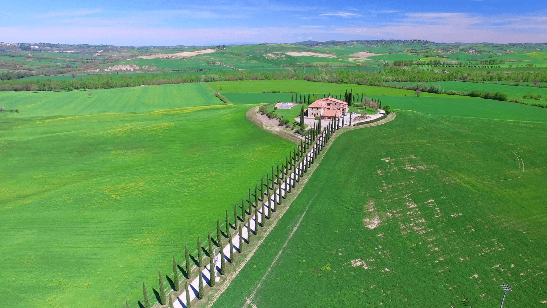 1920x1080 Aerial view of Tuscany countryside with cypresses and old house, Desktop