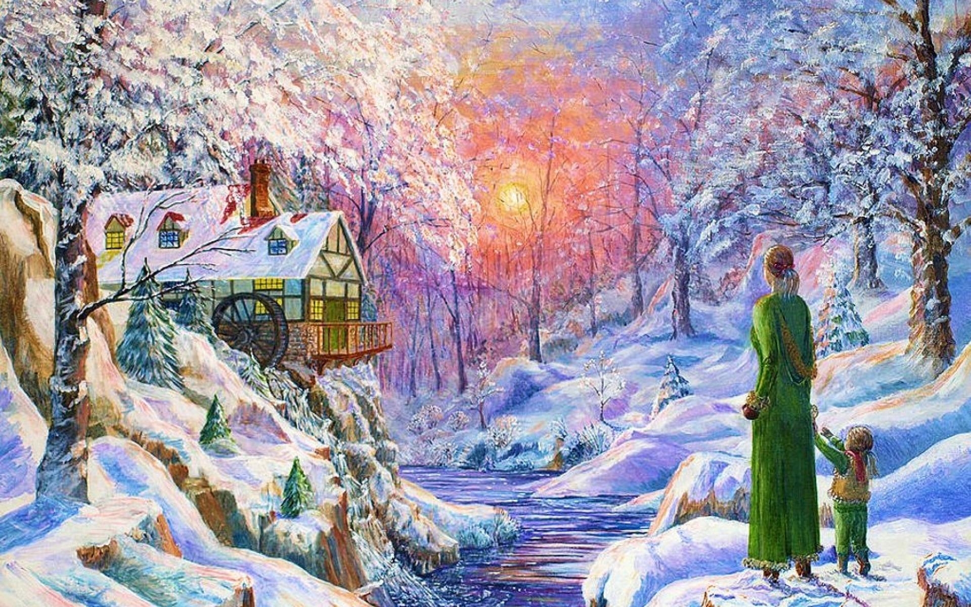 1920x1200 Watermill People Sunset Winter wallpaper. Watermill People, Desktop