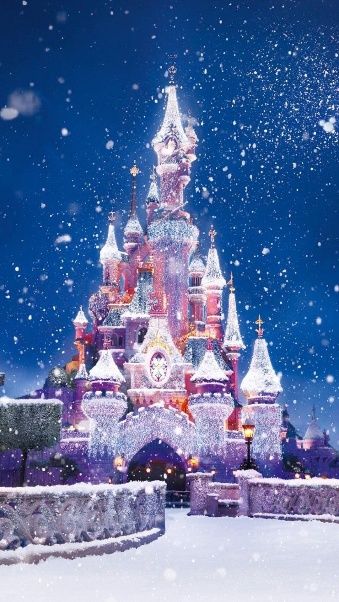 1080x1920 Disney Castle Christmas Lights Snow Phone Wallpaper HD, Phone