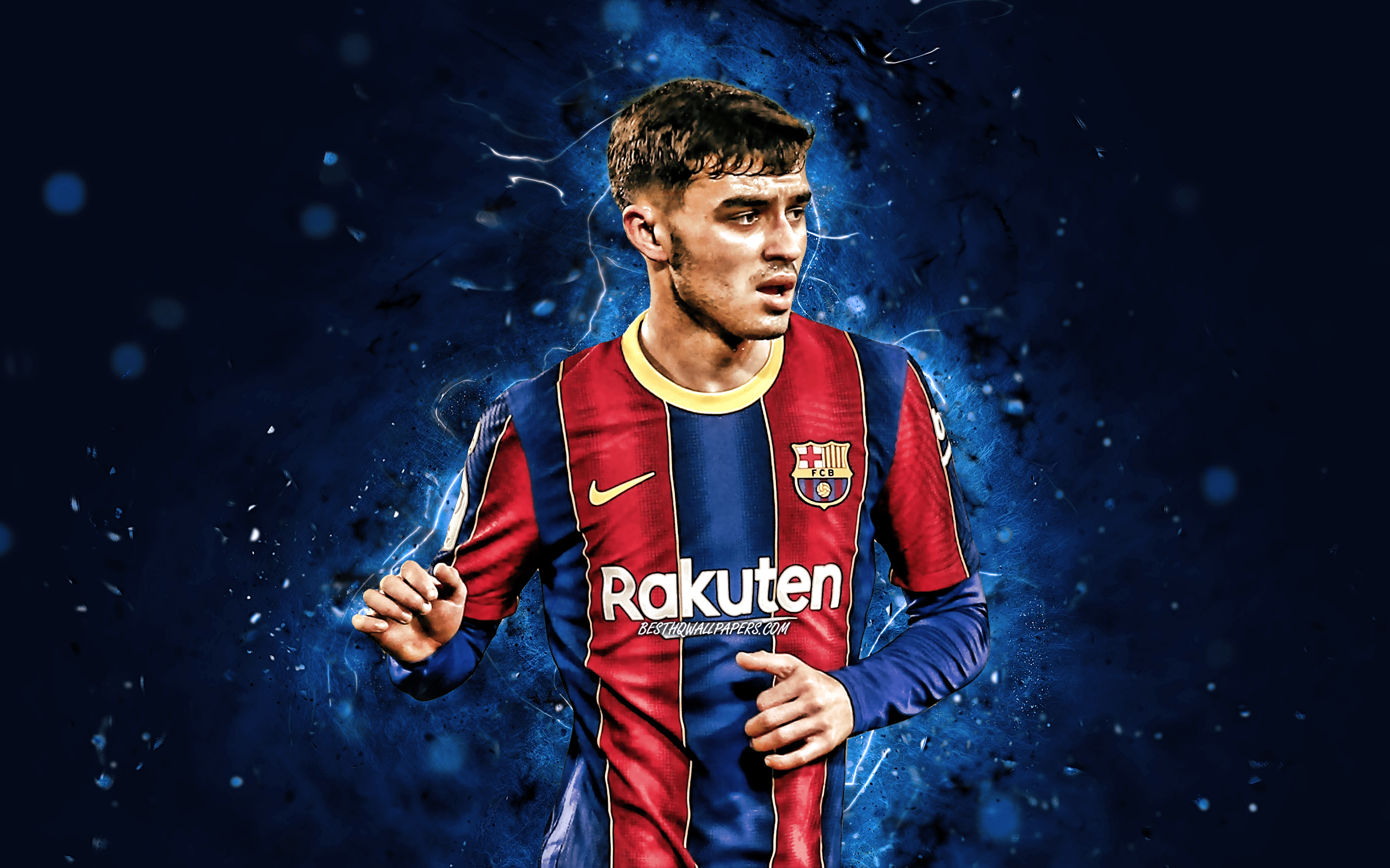 3840x2400 Download wallpaper Pedri, 4k, Barcelona FC, spanish footballers, LaLiga, Pedro Gonzalez Lopez, Barca, football, Pedri 4K, blue neon lights, soccer, Pedri Barcelona, La Liga, FCB for desktop with resolution. High, Desktop