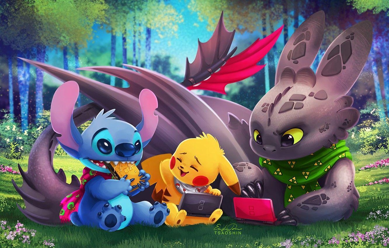 1340x850 Wallpaper Pokemon, Toothless, Pikachu, Crossover, Lilo & Stitch, How, Desktop