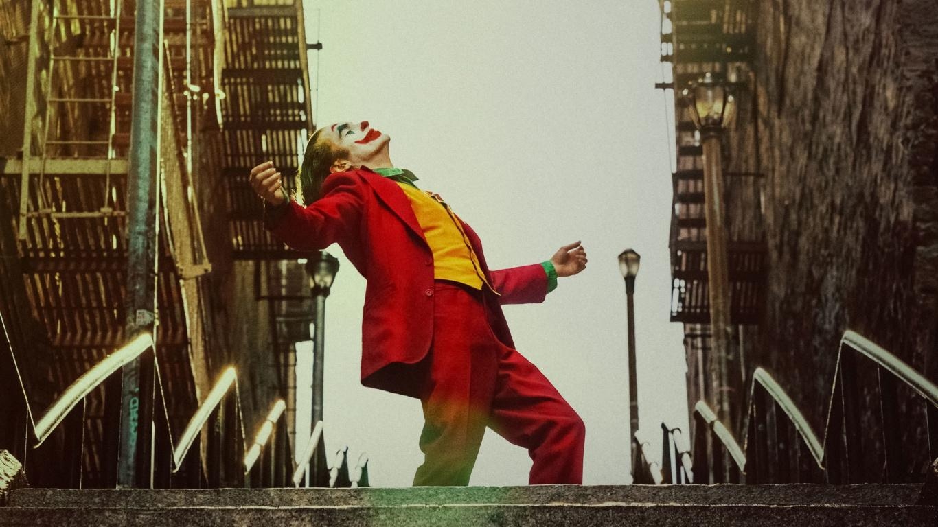 1370x770 Download  wallpaper joker, 2019 movie, red suit, Desktop