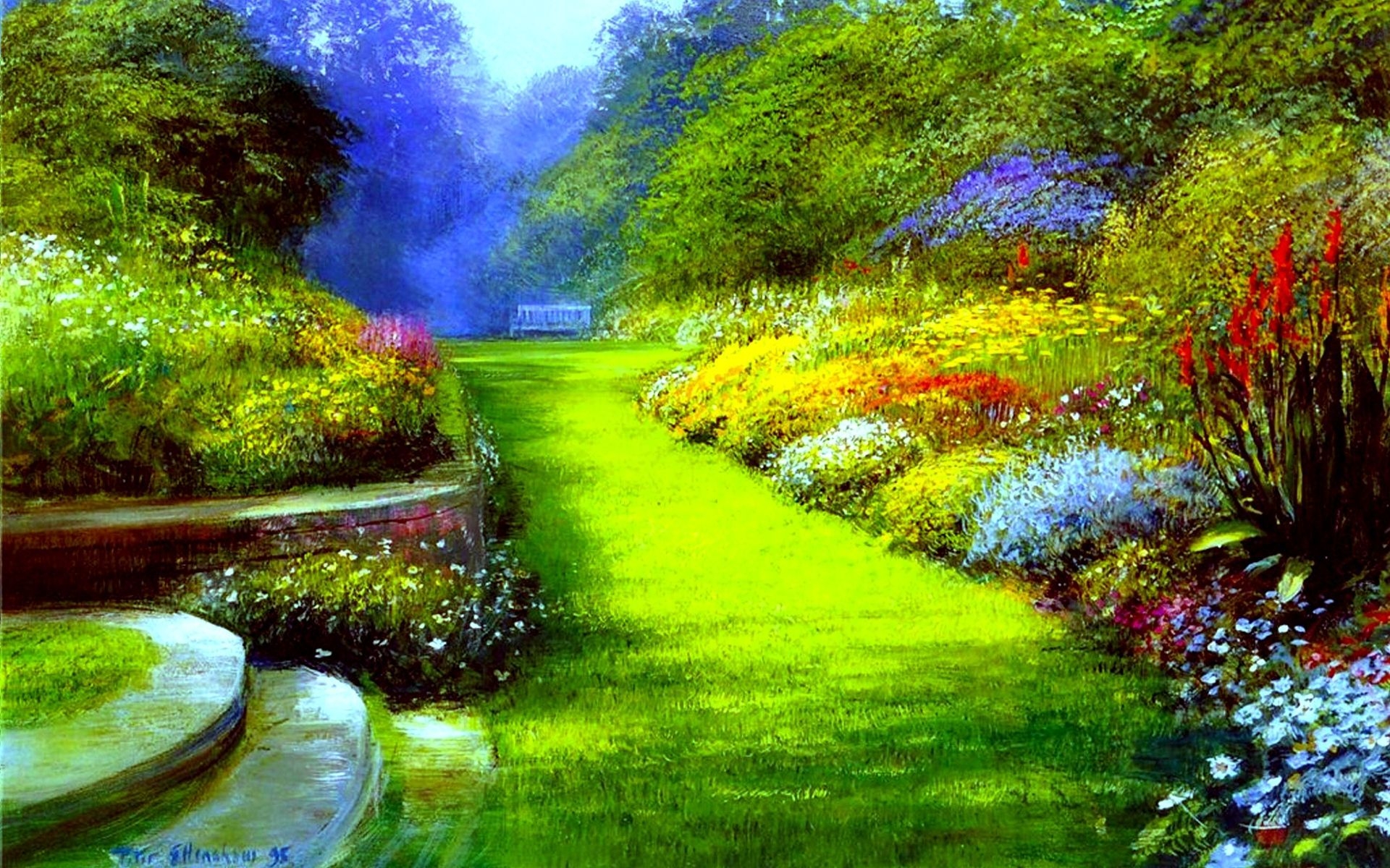 1920x1200 Spring Park Wide Desktop Background wallpaper HD free. Oil painting landscape, Landscape picture, Landscape, Desktop