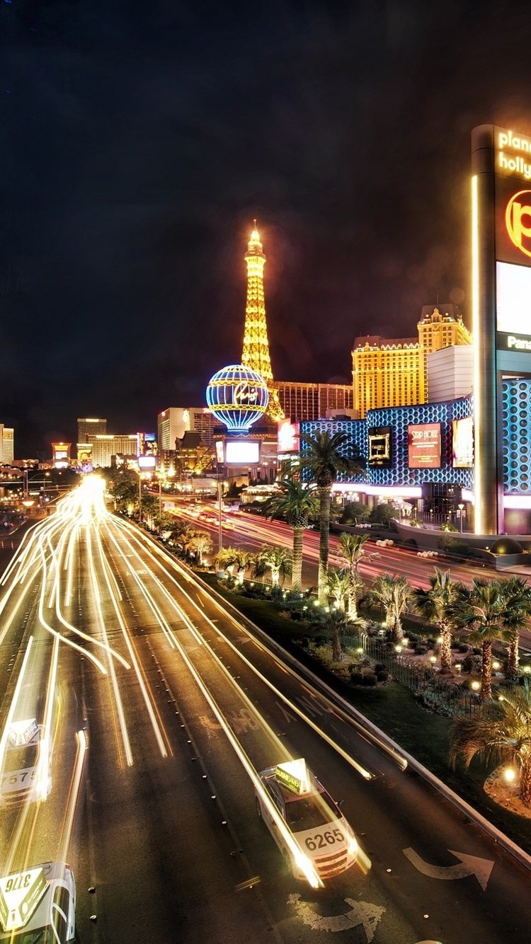 750x1340 iPhone Wallpaper Las Vegas City Night, Buildings, Road, Hotel And Casino, Phone