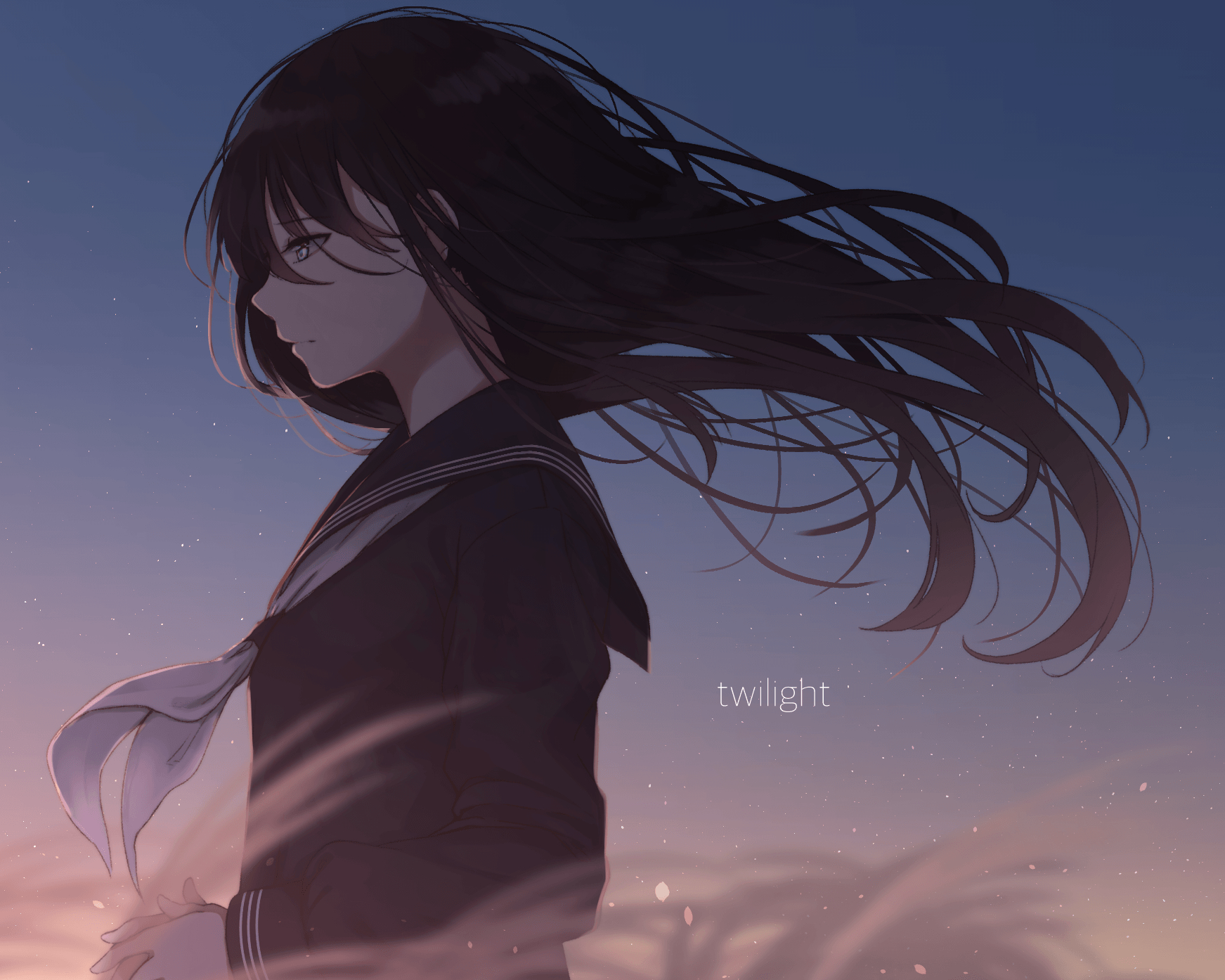 1750x1400 Wallpaper Anime Girl, Sad, School Uniform, Windy, Black No, Desktop