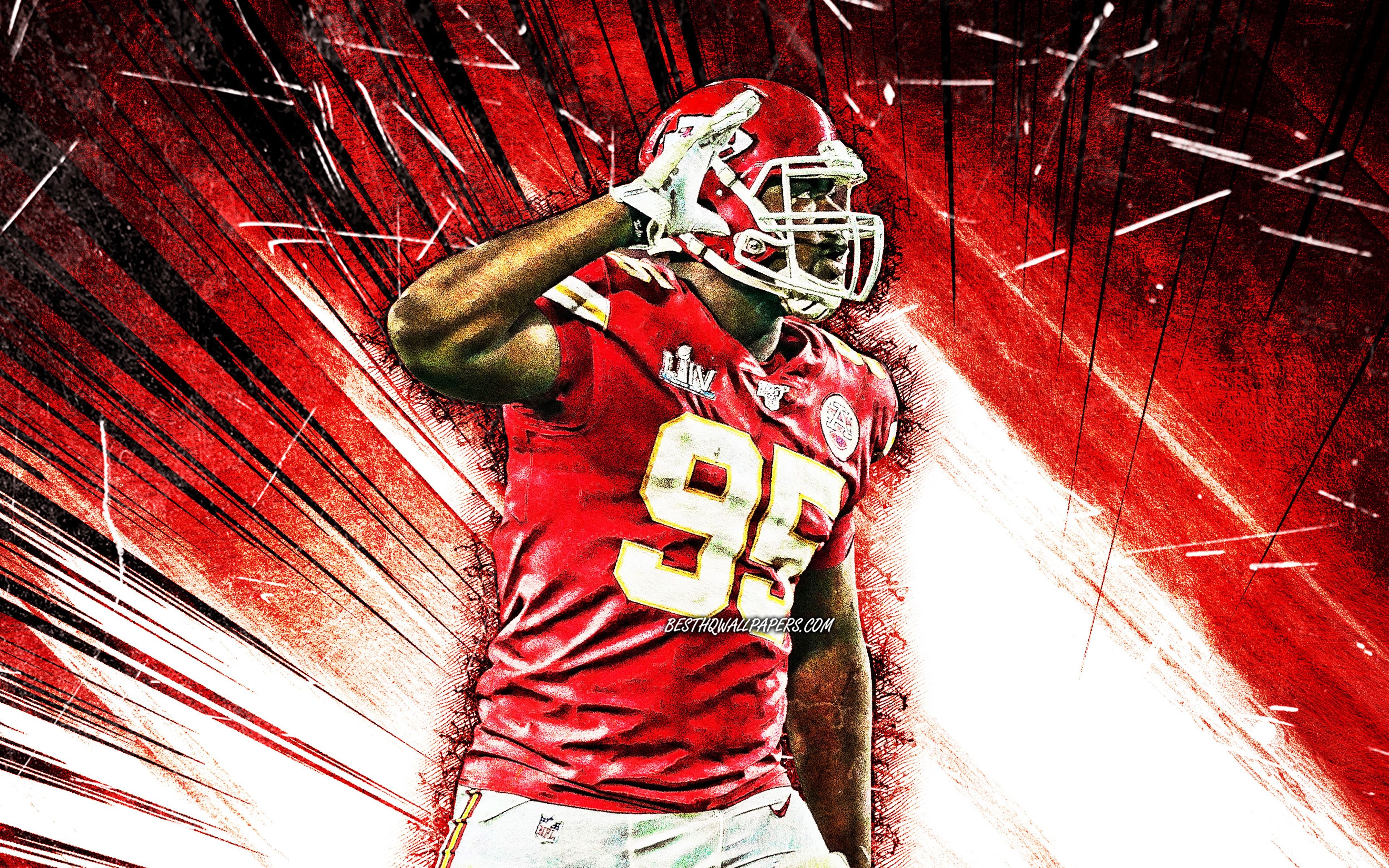 3840x2400 Download wallpaper 4k, Chris Jones, red abstract rays, Kansas City Chiefs, defensive tackle, american football, NFL, Christopher Deshun Jones, National Football League, KC Chiefs, Chris Jones 4K, grunge art, Chris Jones KC, Desktop