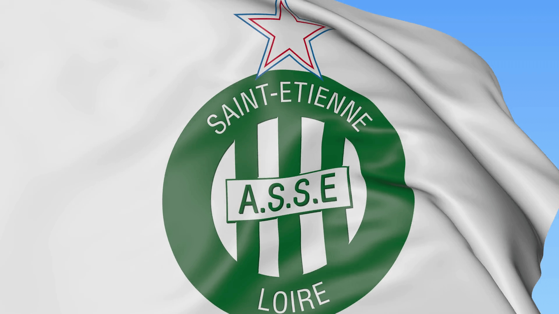 1920x1080 Close Up Of Waving Flag With AS Saint Etienne Football Club Logo, Desktop