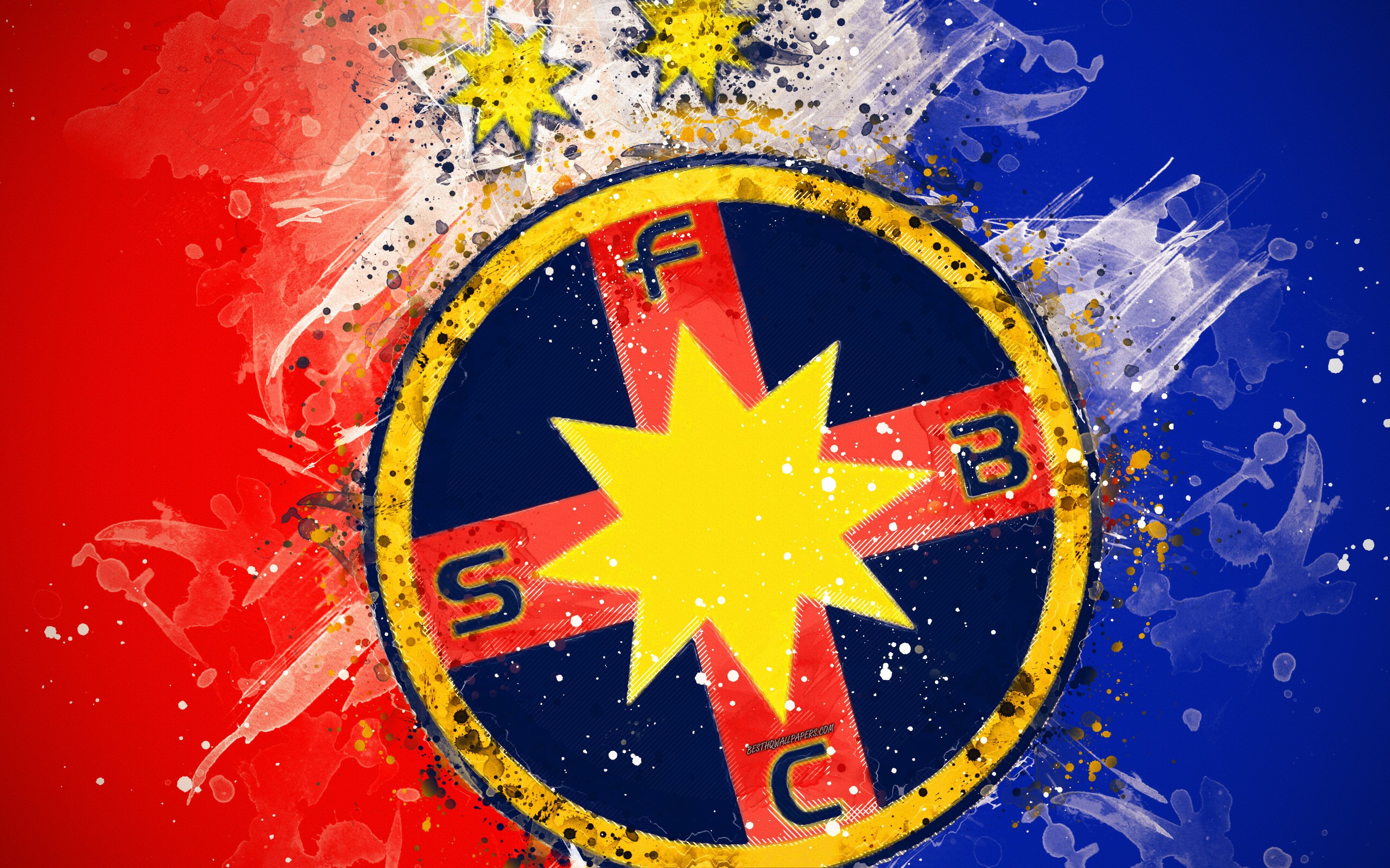 3840x2400 Download wallpaper FC Steaua Bucuresti, 4k, paint art, new logo, creative, Romanian football team, Liga new emblem, blue red background, grunge style, Bucharest, Romania, football, FCSB for desktop with resolution, Desktop