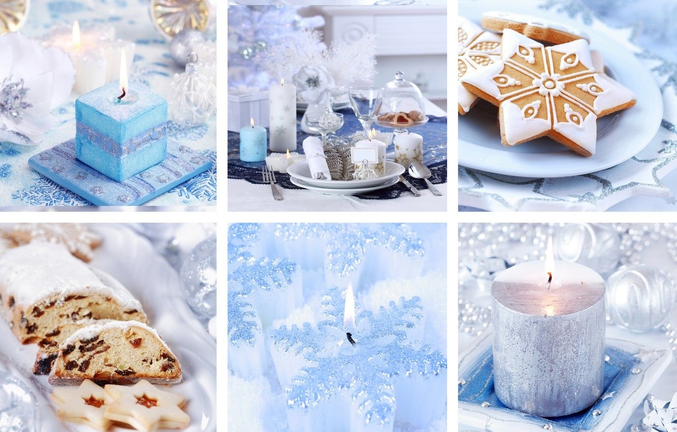 1340x850 Wallpaper holiday, blue, collage, new year, candles, cookies, Desktop