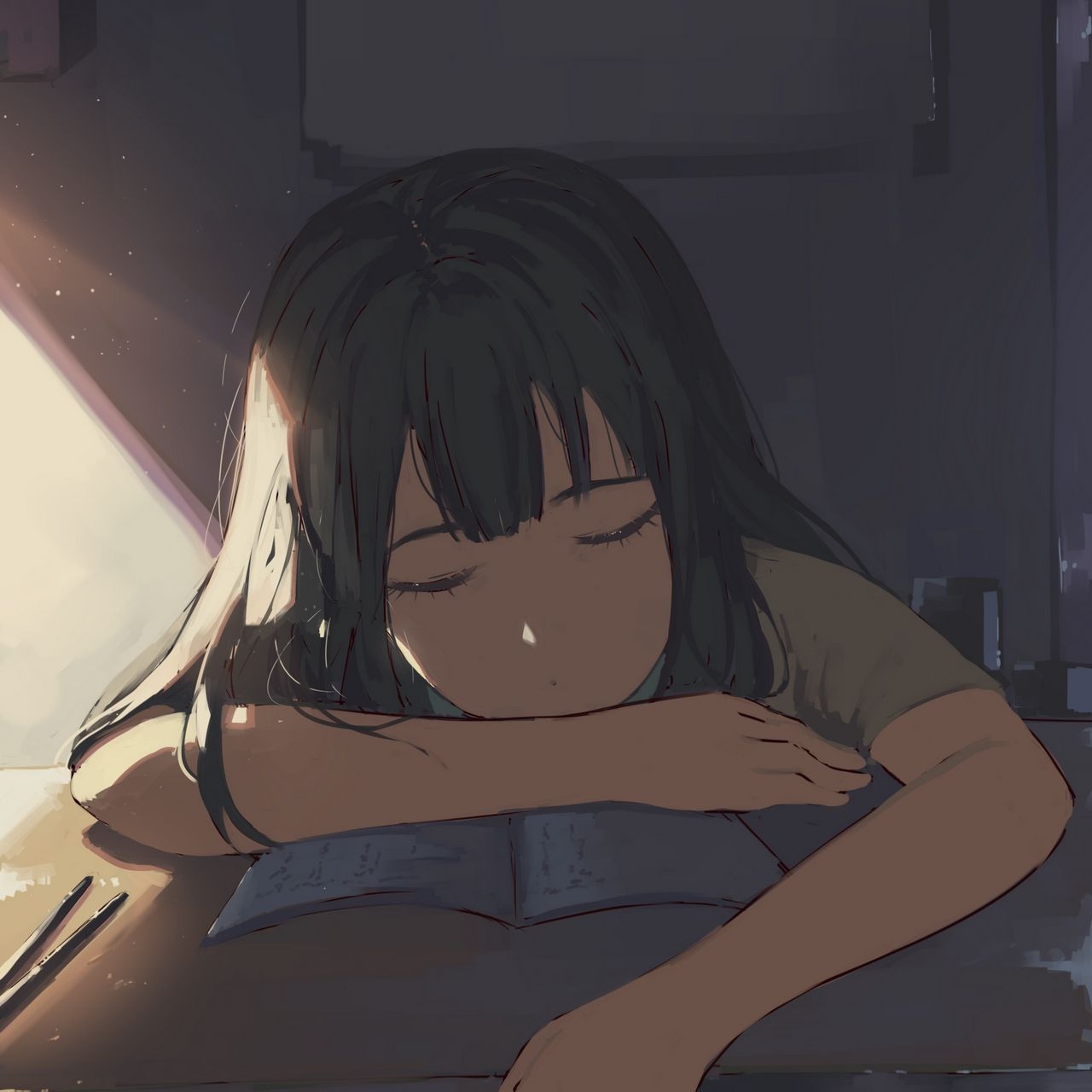 1280x1280 Download wallpaper  girl, sleep, study, anime ipad, ipad ipad mini for parallax HD background, Phone