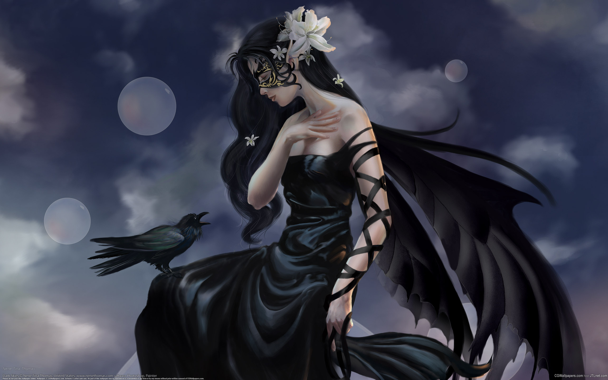 2560x1600 HD desktop wallpaper: Fantasy, Gothic, Flower, Dark, Raven download free picture, Desktop