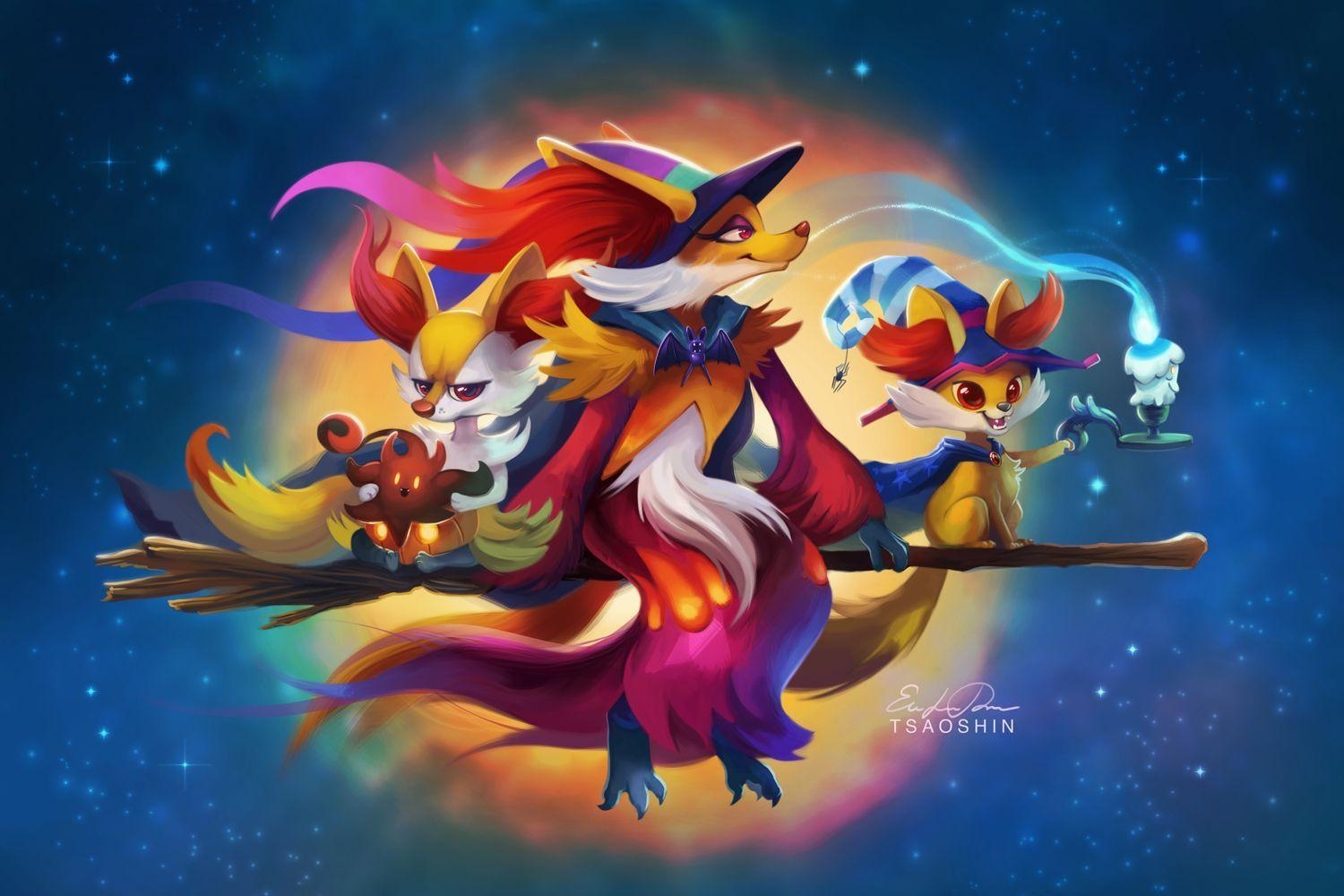 1500x1000 Ready for Halloween! Fennekin, Braixen, Delphox, and Litwick, Desktop