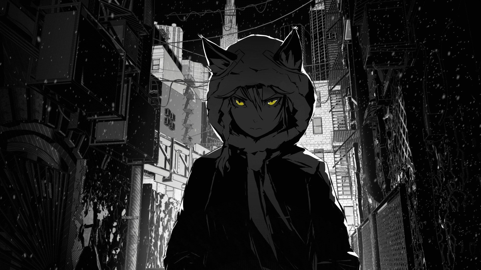 1920x1080 Houses buildings nekomimi jackets stairways short hair grayscale skyscrapers yellow eyes snowflakes hoodies braids selective coloring scarfs anime girls cables cities wallpaperx1080, Desktop