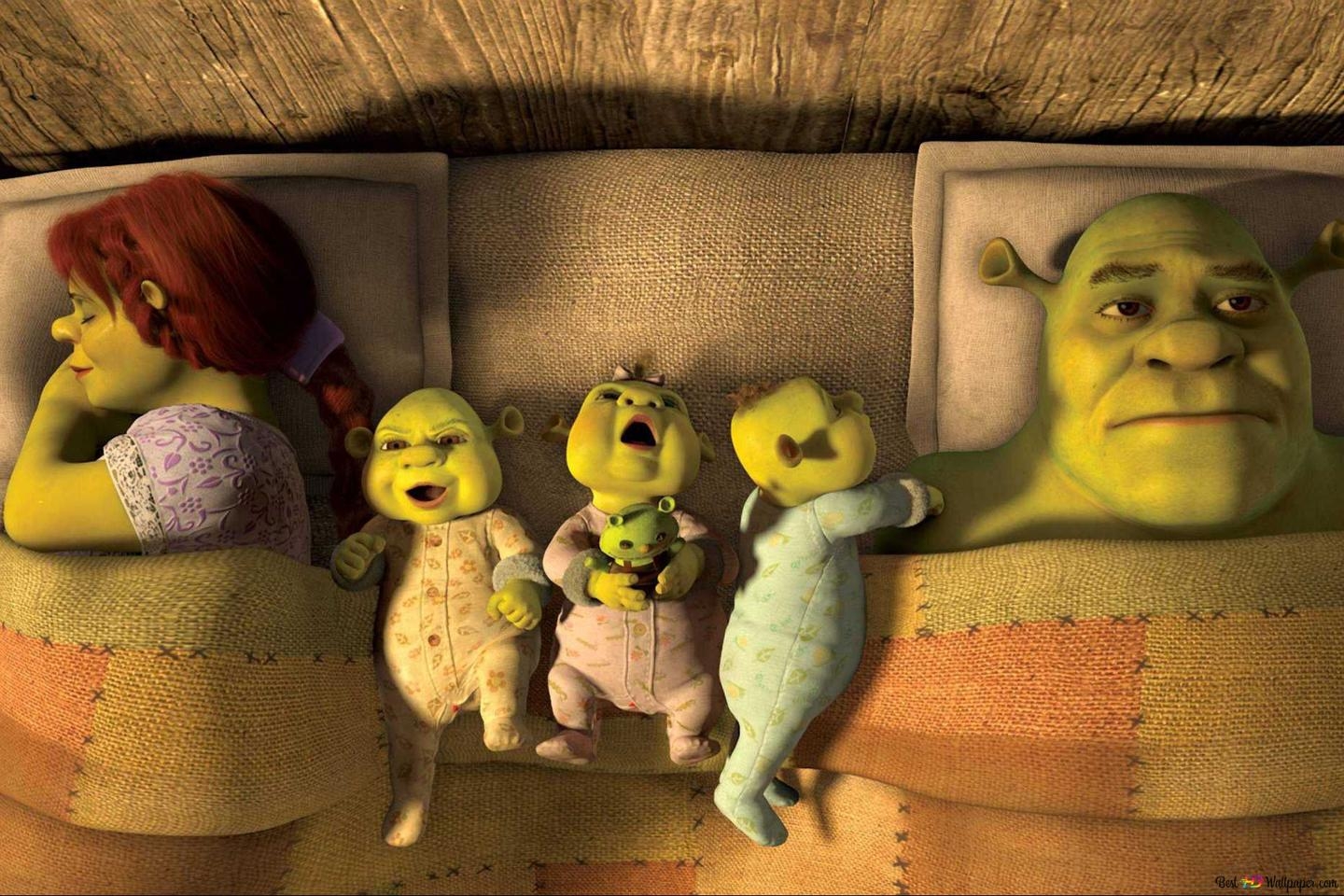 1440x960 Shrek and princess fiona from the animated movie Shirek sleep with their children 2K wallpaper download, Desktop