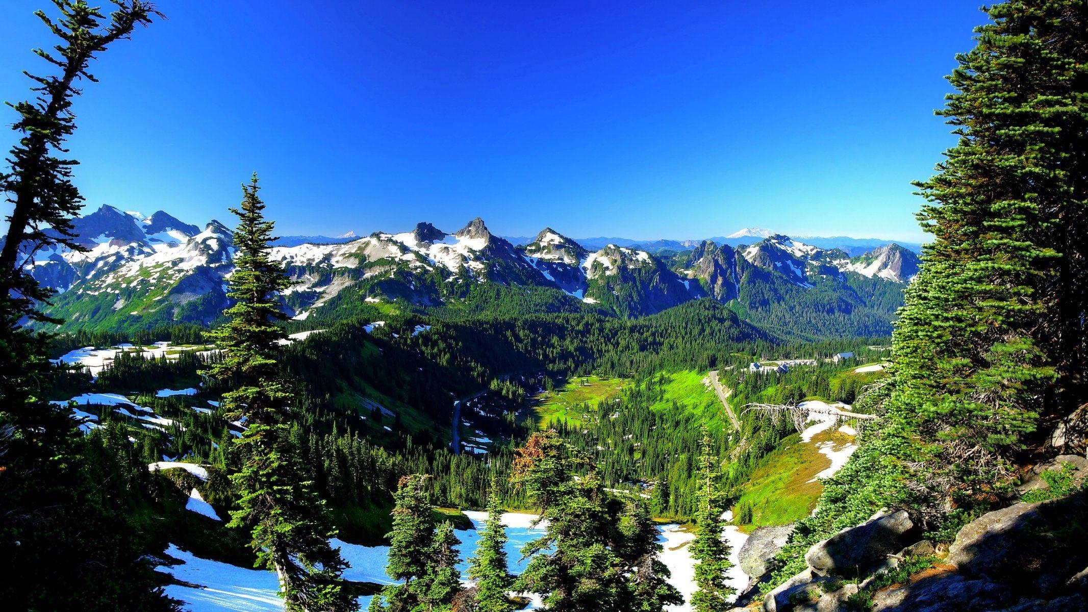 2140x1200 mount rainier national park united states sky spring tree mountain, Desktop