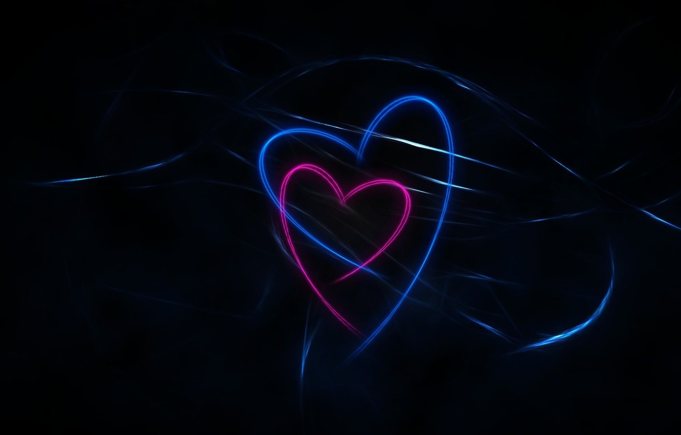 1340x850 Wallpaper dark, black, blue, pink, background, lines, hearts, abstraction image for desktop, section абстракции, Desktop