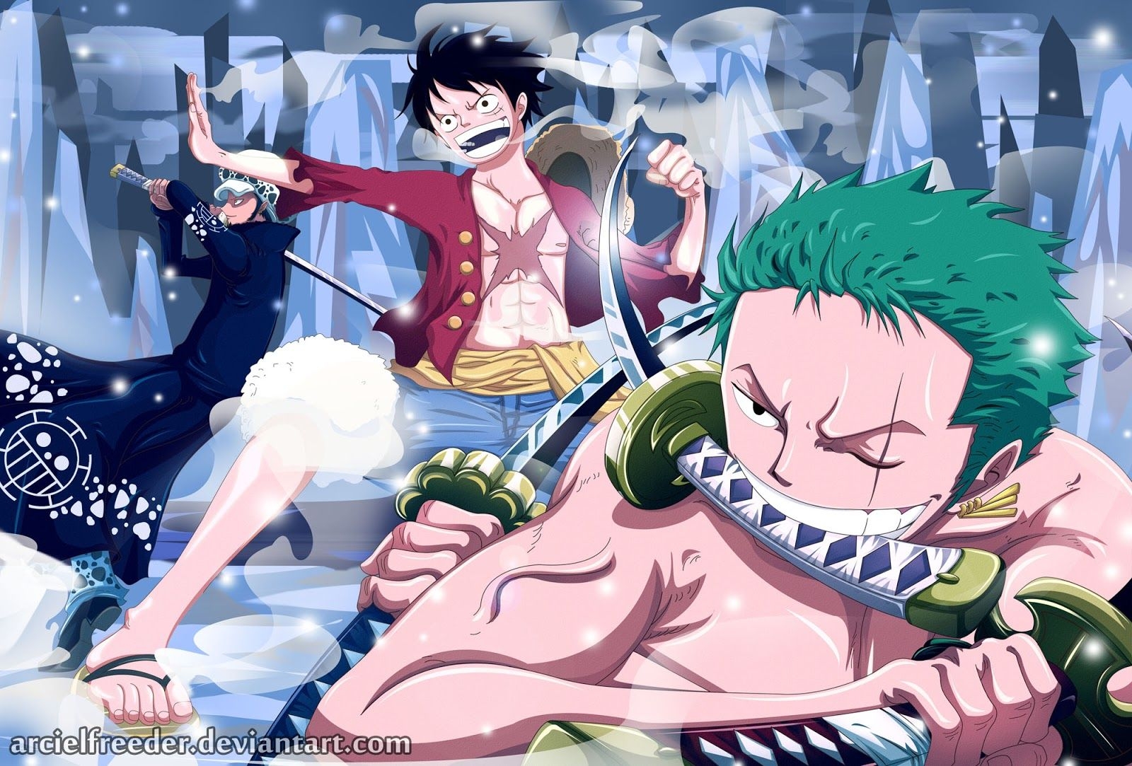 1600x1090 hd wallpaper: Roronoa Zoro, Monkey D Luffy, Trafalgar Law 0026, Desktop