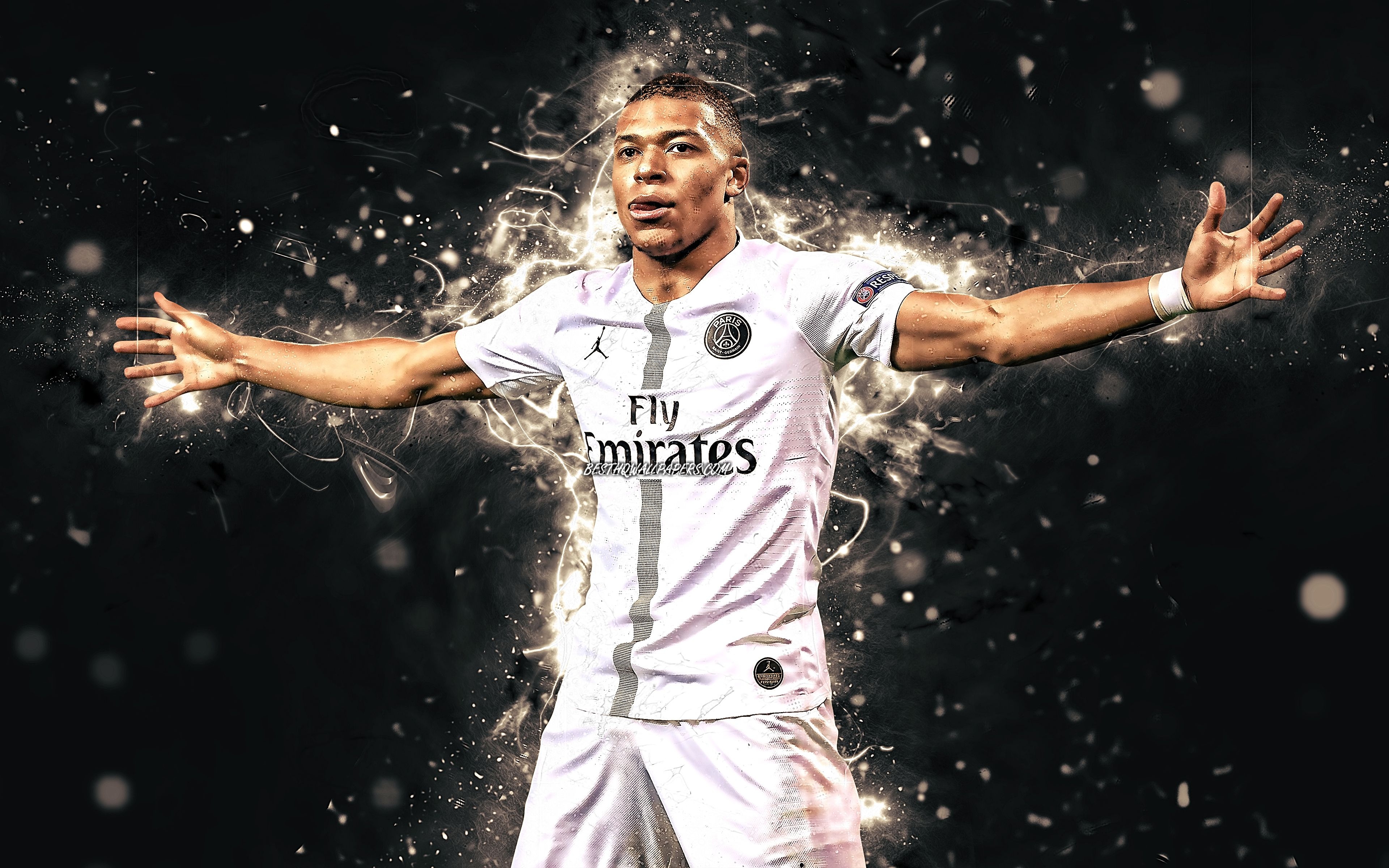 3840x2400 Download Wallpaper 4k, Kylian Mbappe, White Unifor, PSG, French Footballers, Match, Ligue Paris Saint Germain, Mbappe, France, Football Stars, Neon Lights, Soccer For Desktop With Resolution. High Quality HD Picture Wallpaper, Desktop