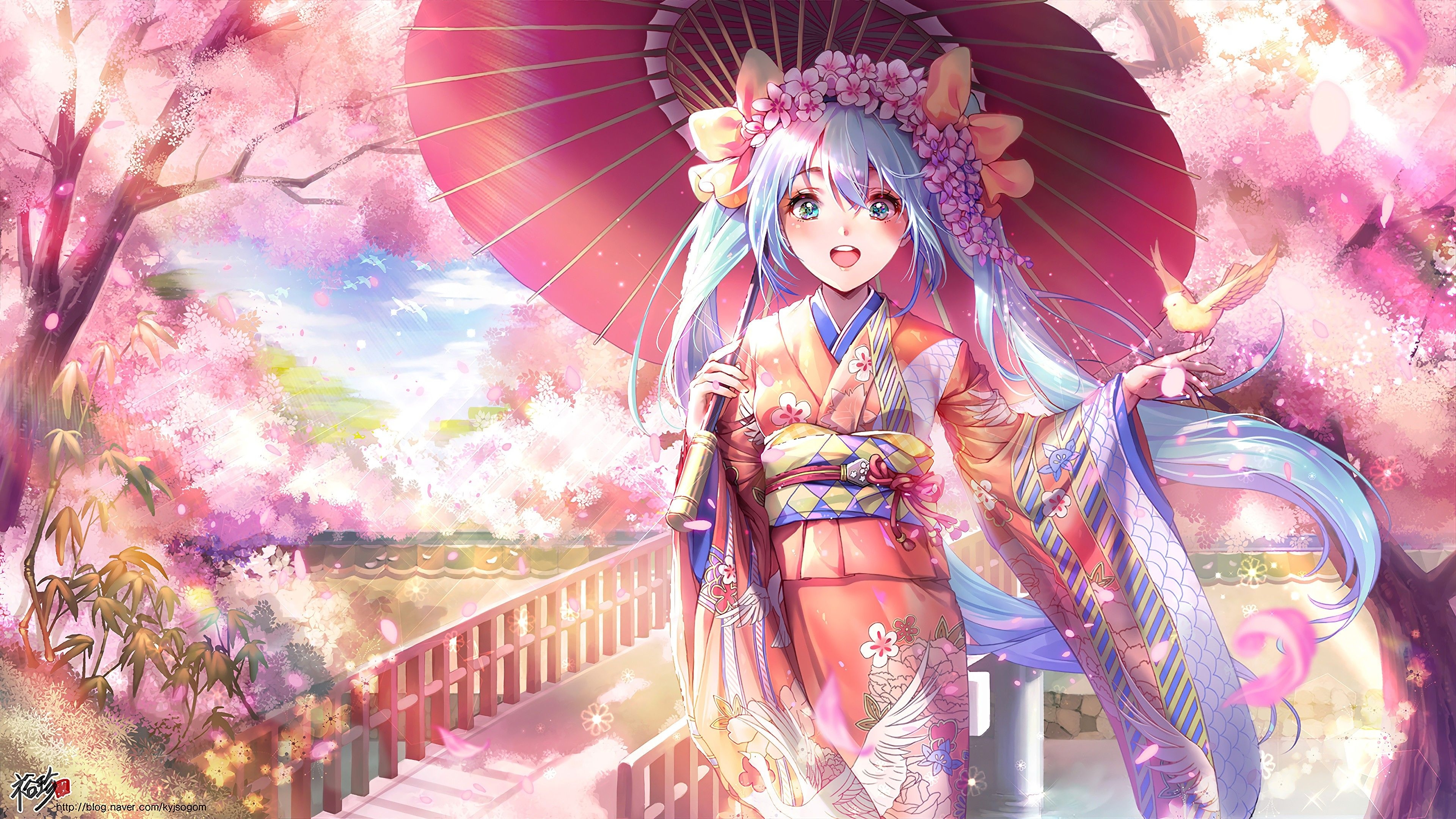 3840x2160 Anime Girl Kimono Cherry Blossom 4K Wallpaper, Desktop