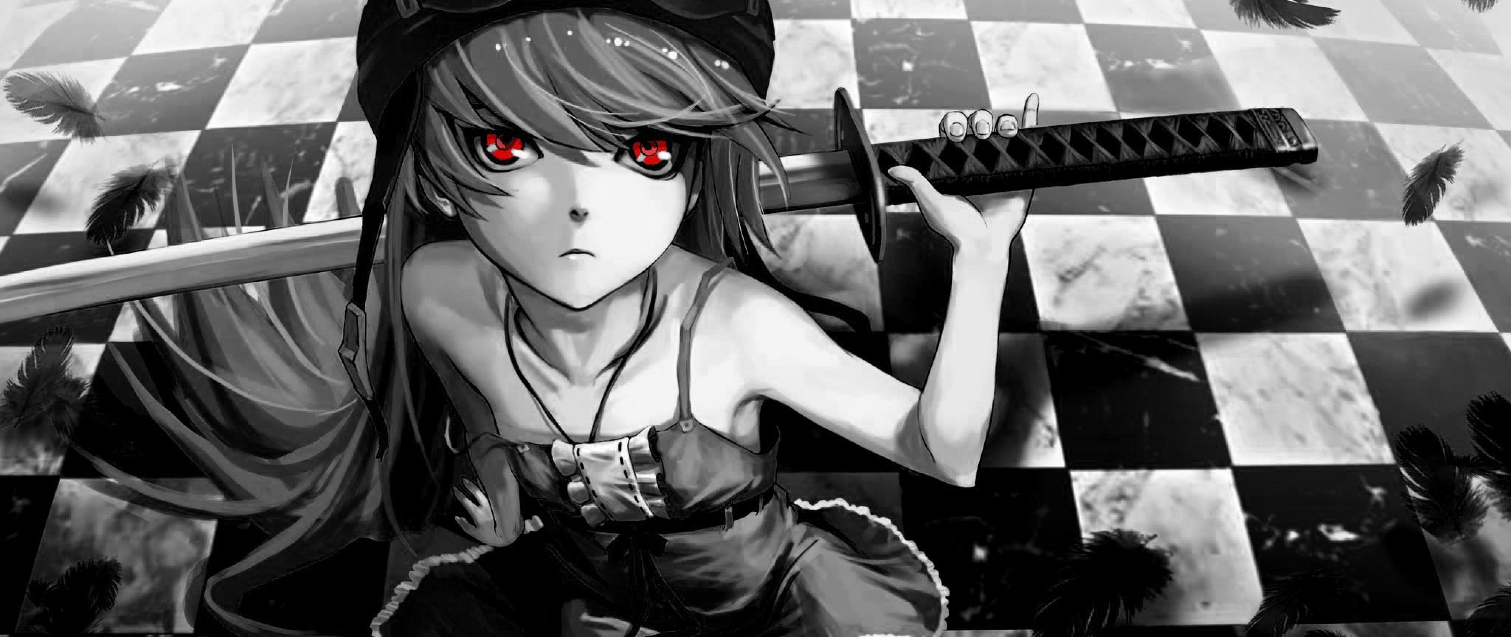 5120x2160 Black And White Anime Girl With Sword Wallpaper for Desktop, Dual Screen