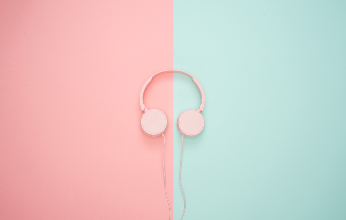 1340x850 Wallpaper music, background, pink, blue, half, wire, minimalism, headphones, pink, in half image for desktop, section минимализм, Desktop