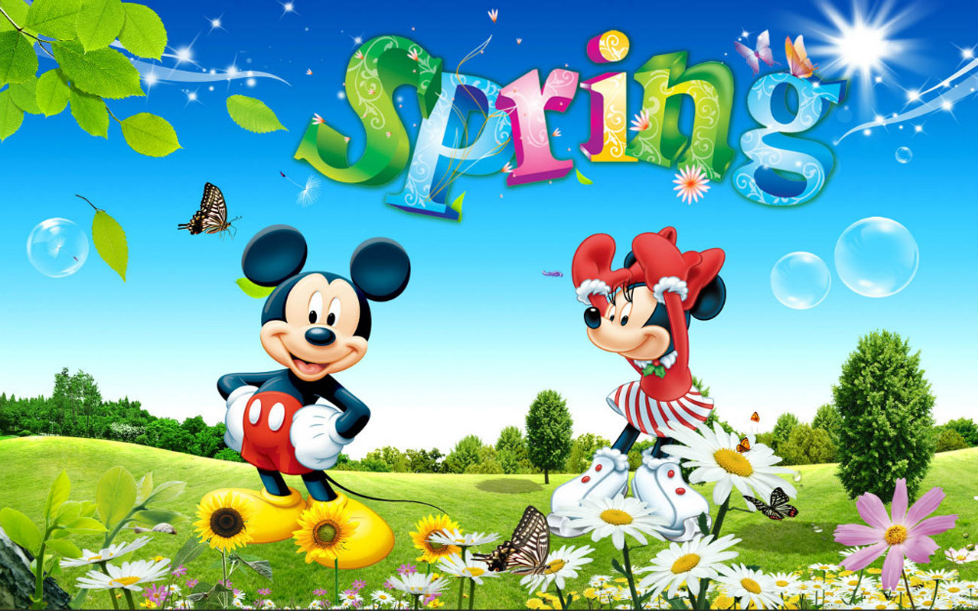 1920x1200 Mickey Mini Spring Game Dancing Flowers Flight Of Butterflies Green Grass Blue Sky Wallpaper HD For Deskx1200, Wallpaper13.com, Desktop